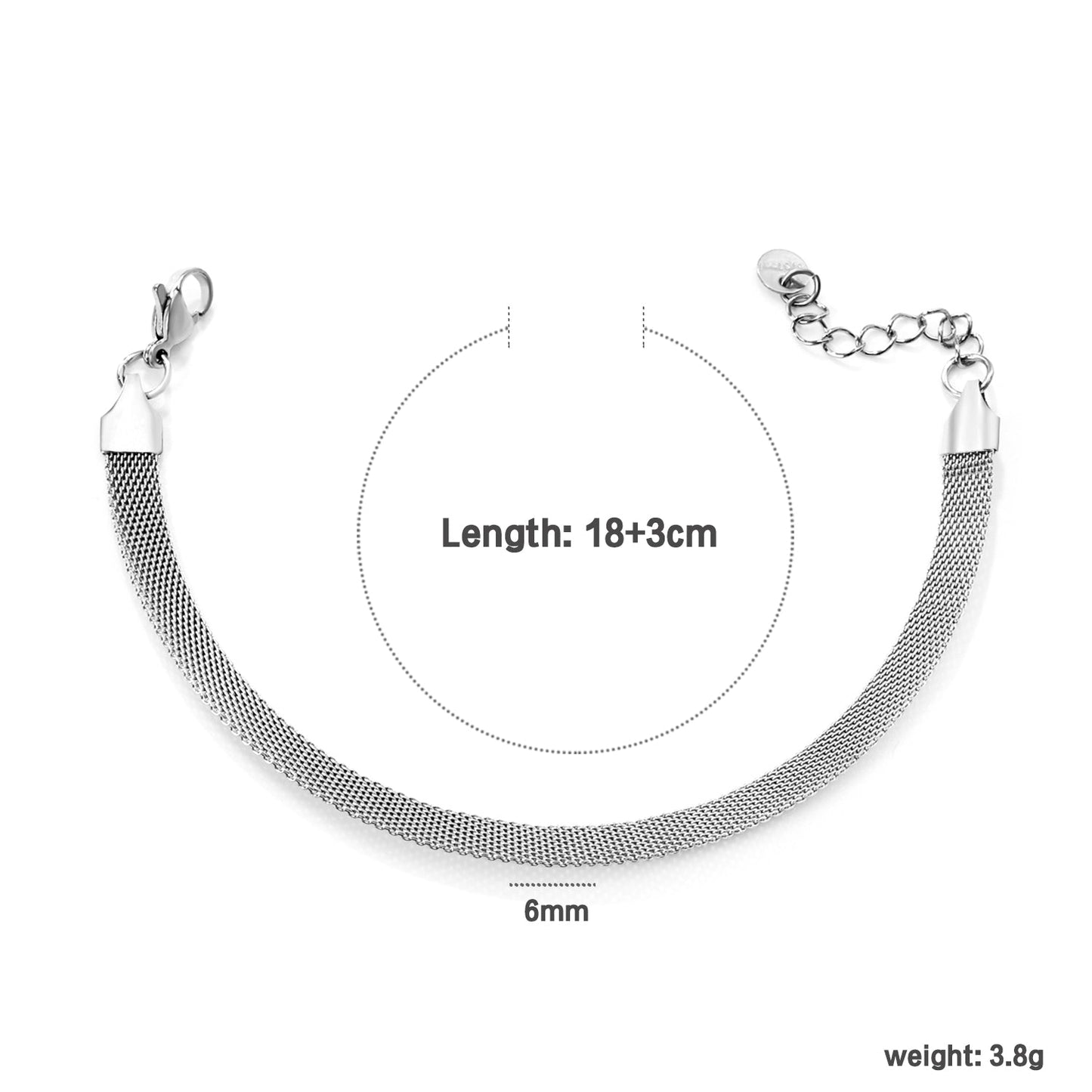 W6mm*Thick1mm Flat Mesh Bracelet18+3cm+6mm Round Tail Plaque Steel/Golden