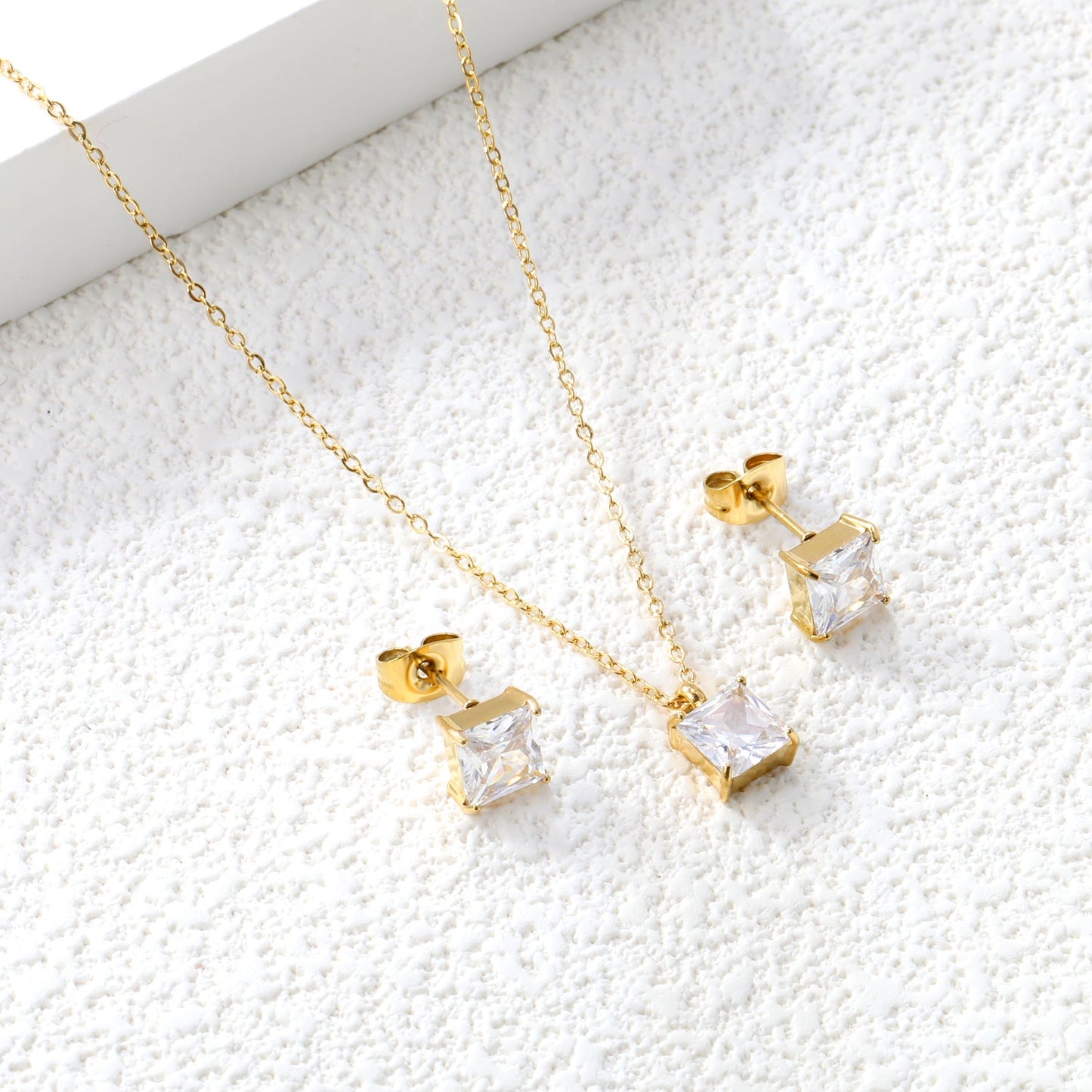 Square white zirconium set Gold color earrings:7mm Pendant:7mm 0.3 cross chain*40+5cm+6mm round plate