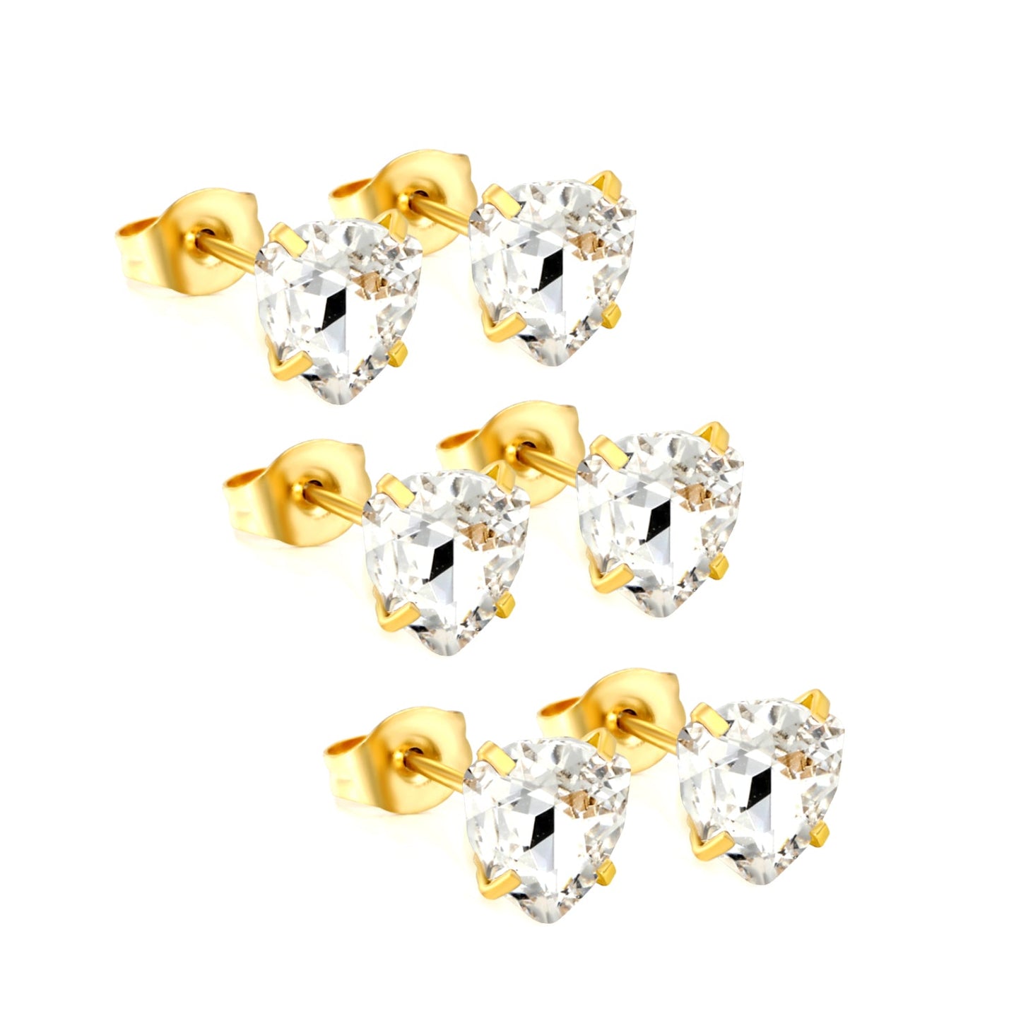 3 pairs of white/mineral black/red/light pink/champagne color 7mm equilateral triangle diamond earrings set Gold color