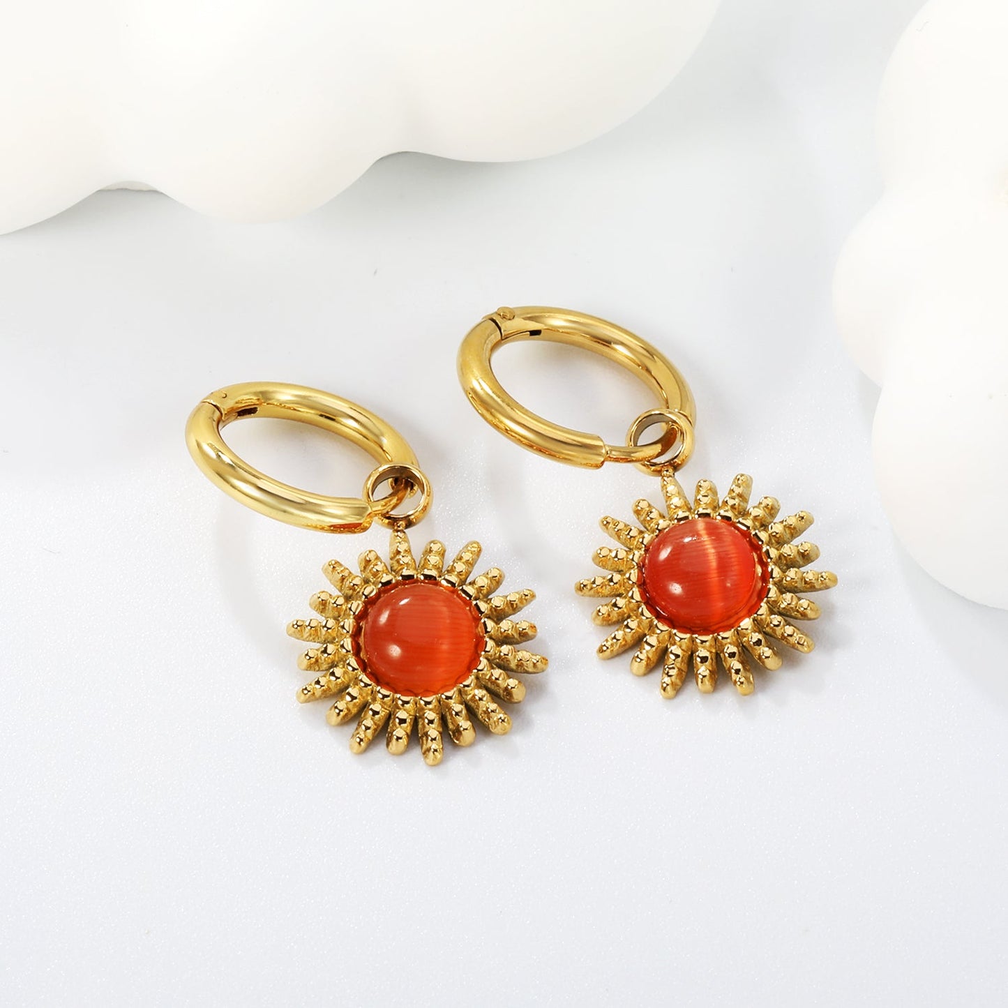 2*10mm circle inner diameter + 14mm sun shaped band round imitation white cat's eye/red cat's eye/blue cat's eye/green cat's eye/white turquoise/red turquoise earrings gold color