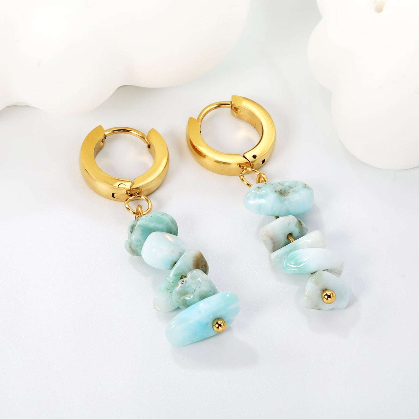 W3*Thick2*ID9mm Spherical Earrings + 2.5cm Imitation Turquoise/White Turquoise/Light Amethyst/Amethyst/Pink Crystals/Larimarite Earrings Gold Color