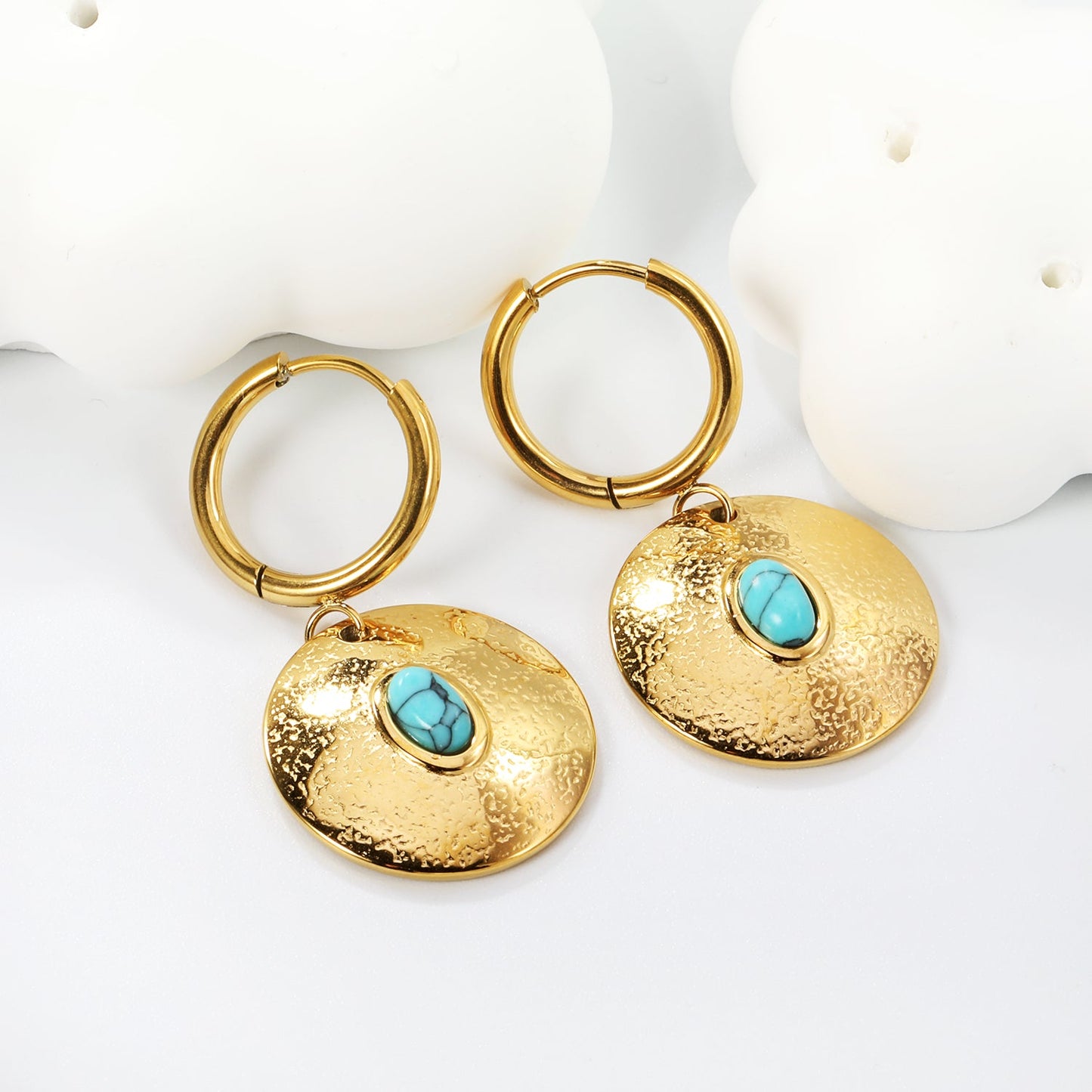 2*12mm inner diameter earrings + 20mm round with oval imitation white pearl/white cat's eye stone/turquoise earrings gold color