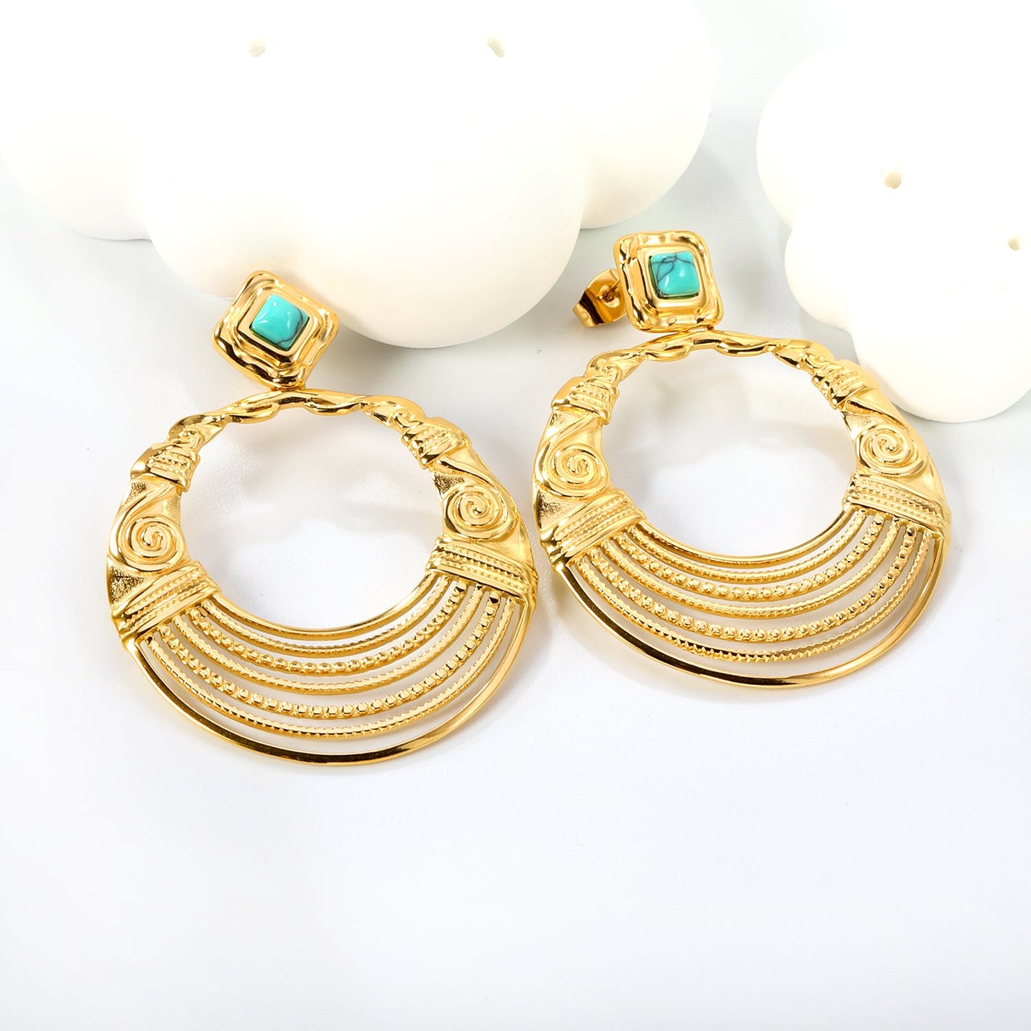 12.2mm Rhombus with Turquoise + 38.5mm Textured Circle Earrings Gold Color