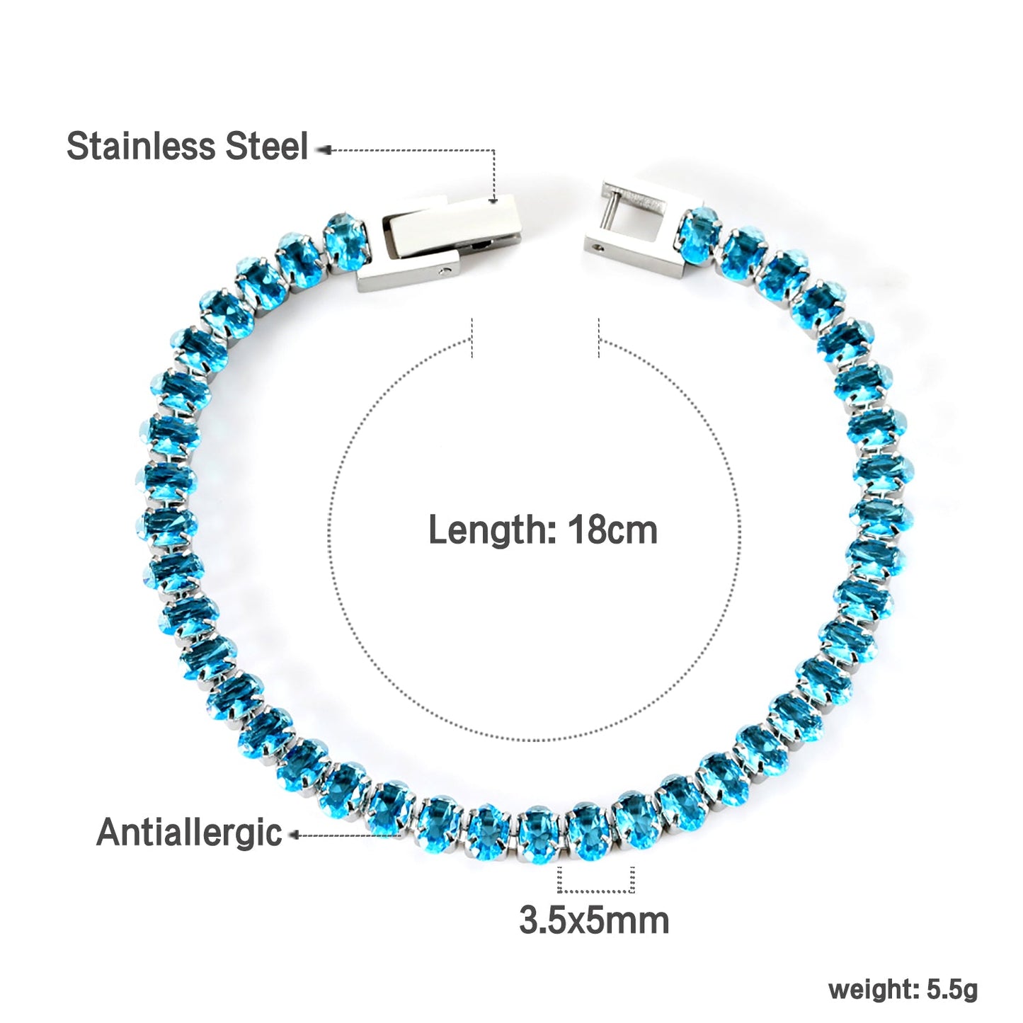 Wholesale 5*3.5mm Oval White/Purple/Red/Pink/Aquamarine/Mixed Color Genuine Zirconium Clasp Bracelet 17cm Steel/Gold