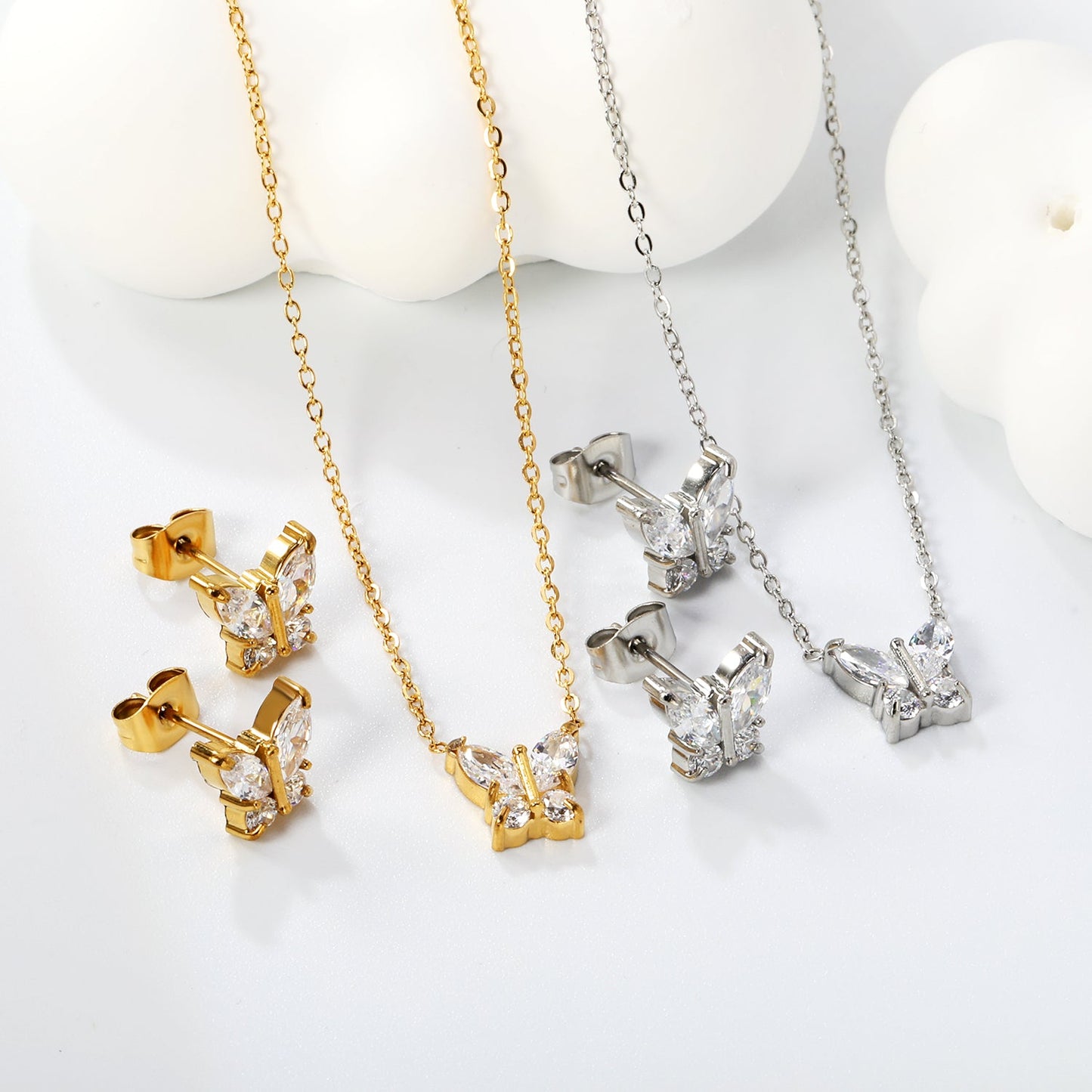 9.3*8.4mm Butterfly with white zirconium/color zirconium earrings + necklace 0.3*44+5cm+6mm round tail plate set steel/golden