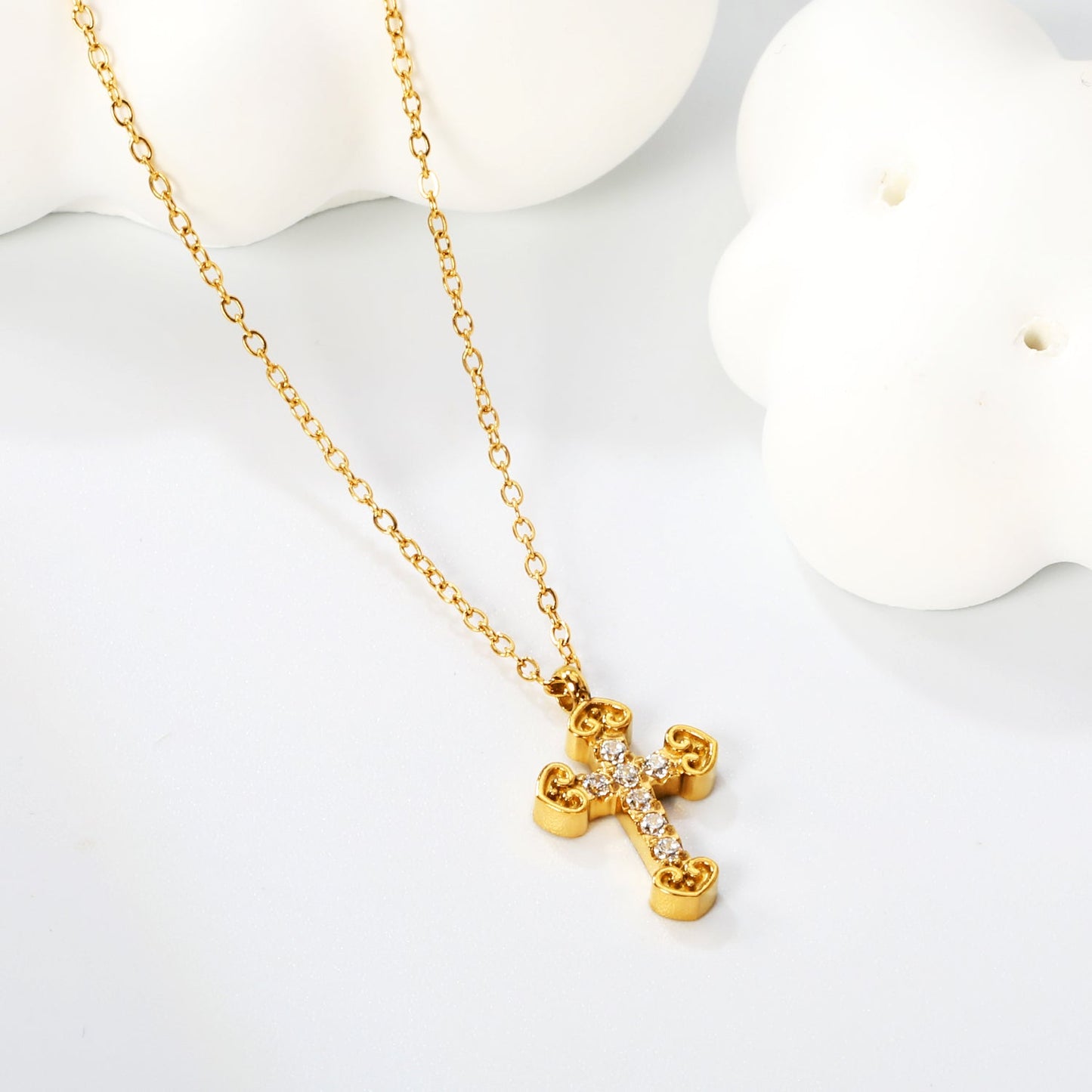 11*15mm cross with white zirconium pendant necklace 0.3 cross chain 40+5cm+6mm round tag Gold color