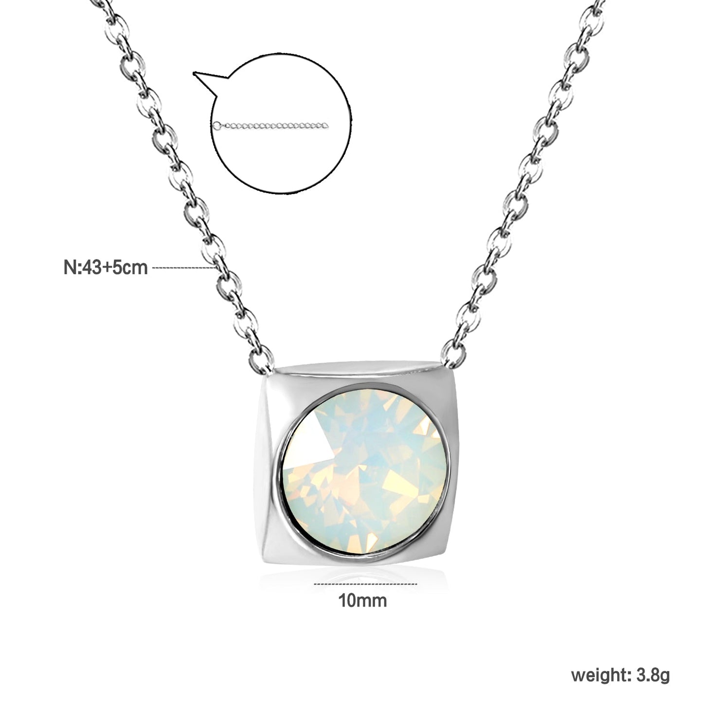 Square Pendant with white & mineral black & deep purple & light purple & red & pink & deep blue & light blue & deep green & light green & white opal & pink opal pendant 10mm necklace 43+5cm
