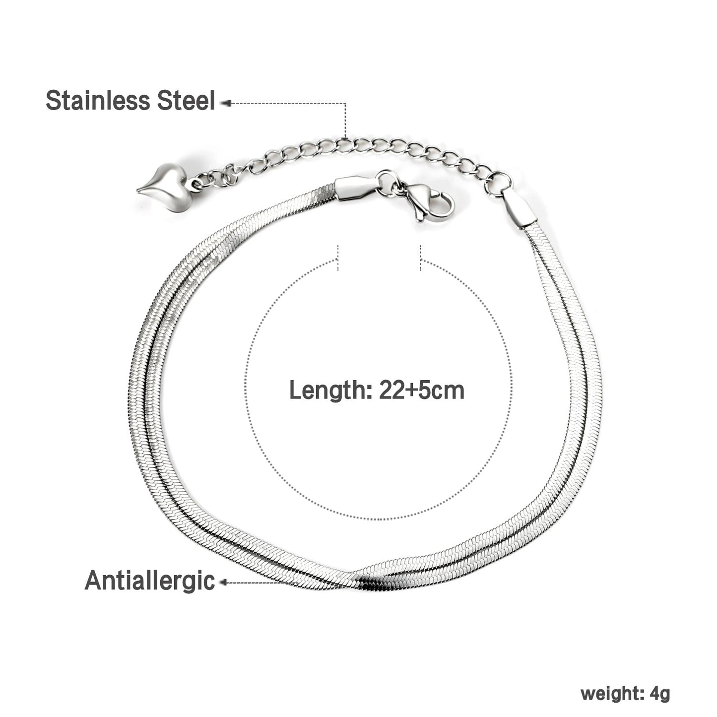 Flat snake double anklet 22+5cm gold color steel color