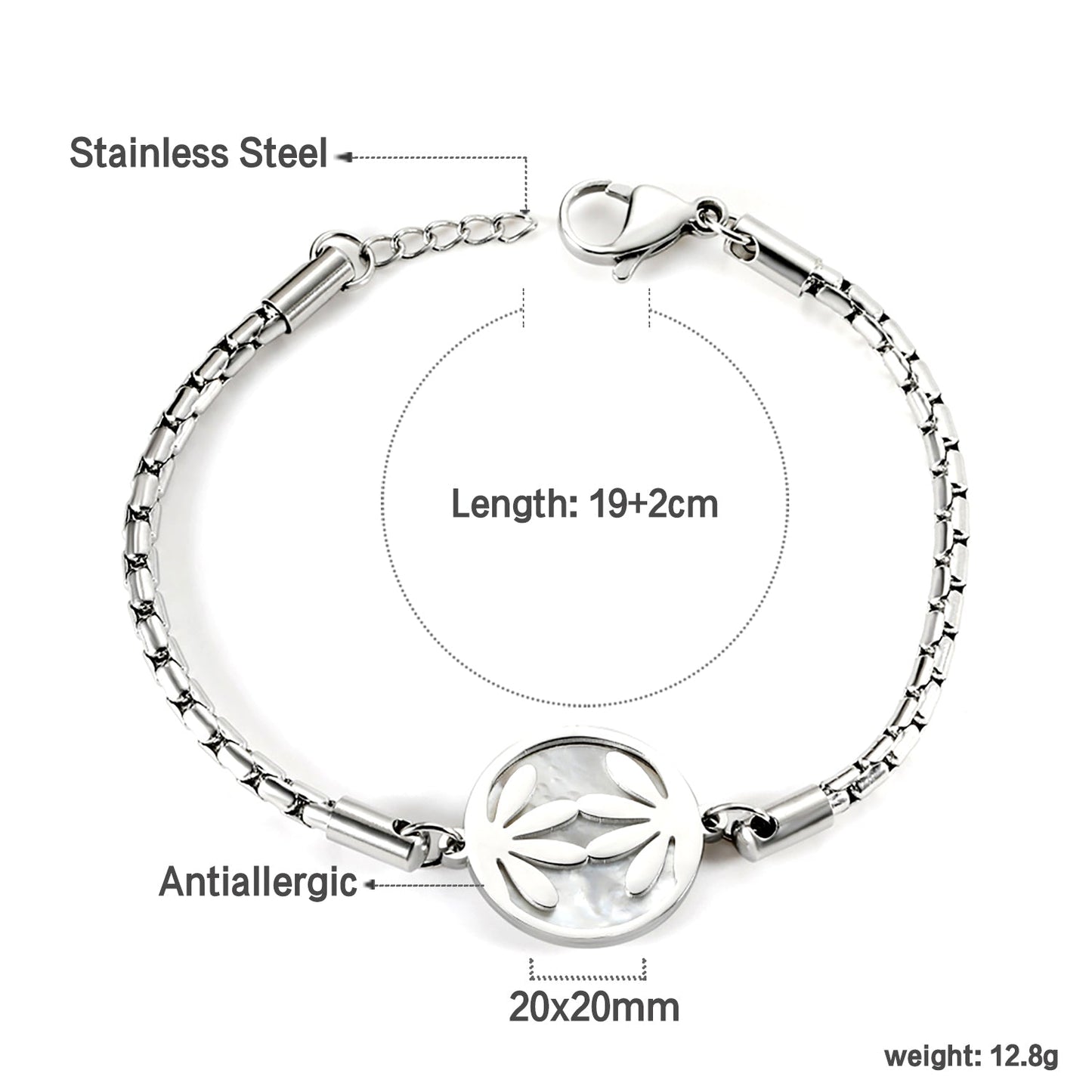 2024 New Year Round Symmetrical Leaves with White Shell Accessories Bracelet 19+2cm