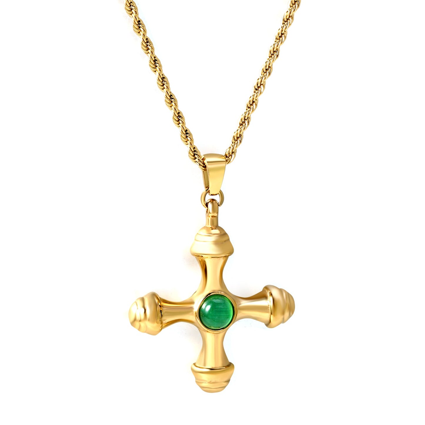 Cross with Round Brown Cat's Eye Pendant 30.2*35mm Twist Chain Necklace 2*45+5cm