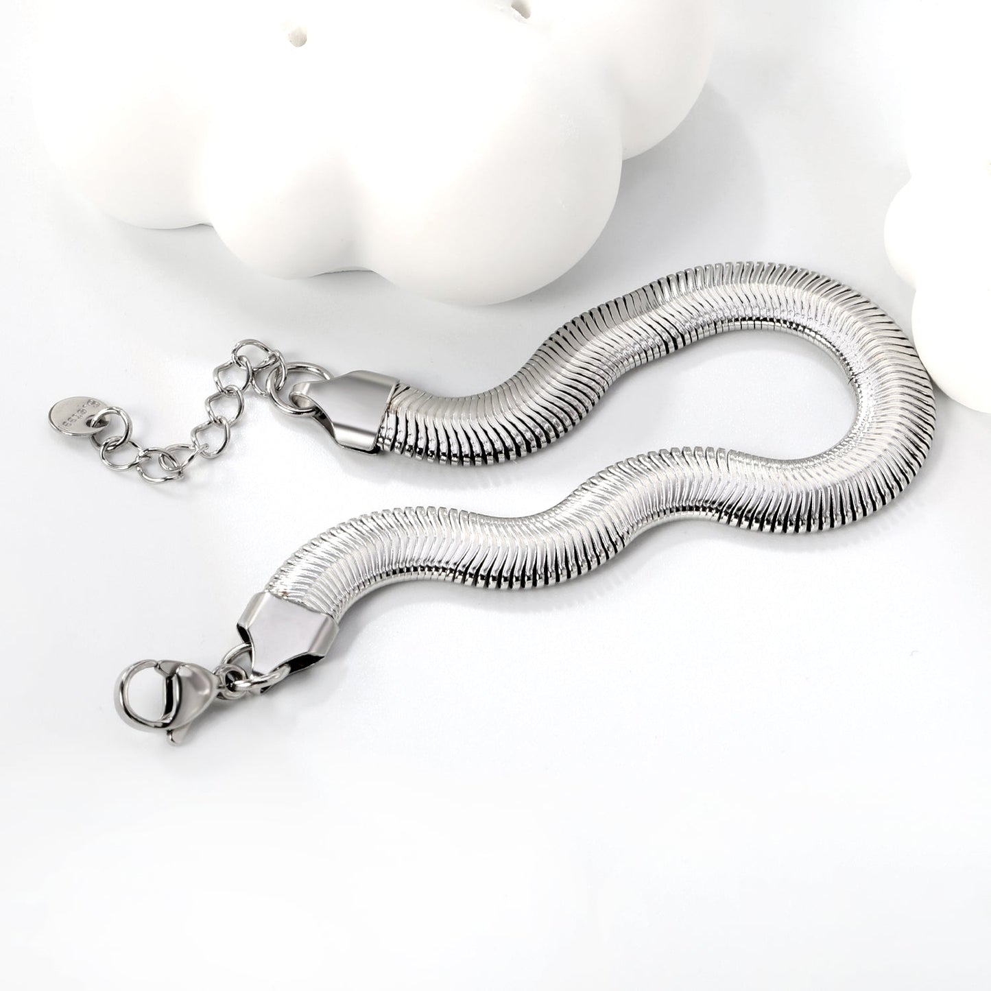 W8mm*Thick3mm Flat Snake Bracelet18+3cm+6mm Round Tail Plaque Steel/Gold