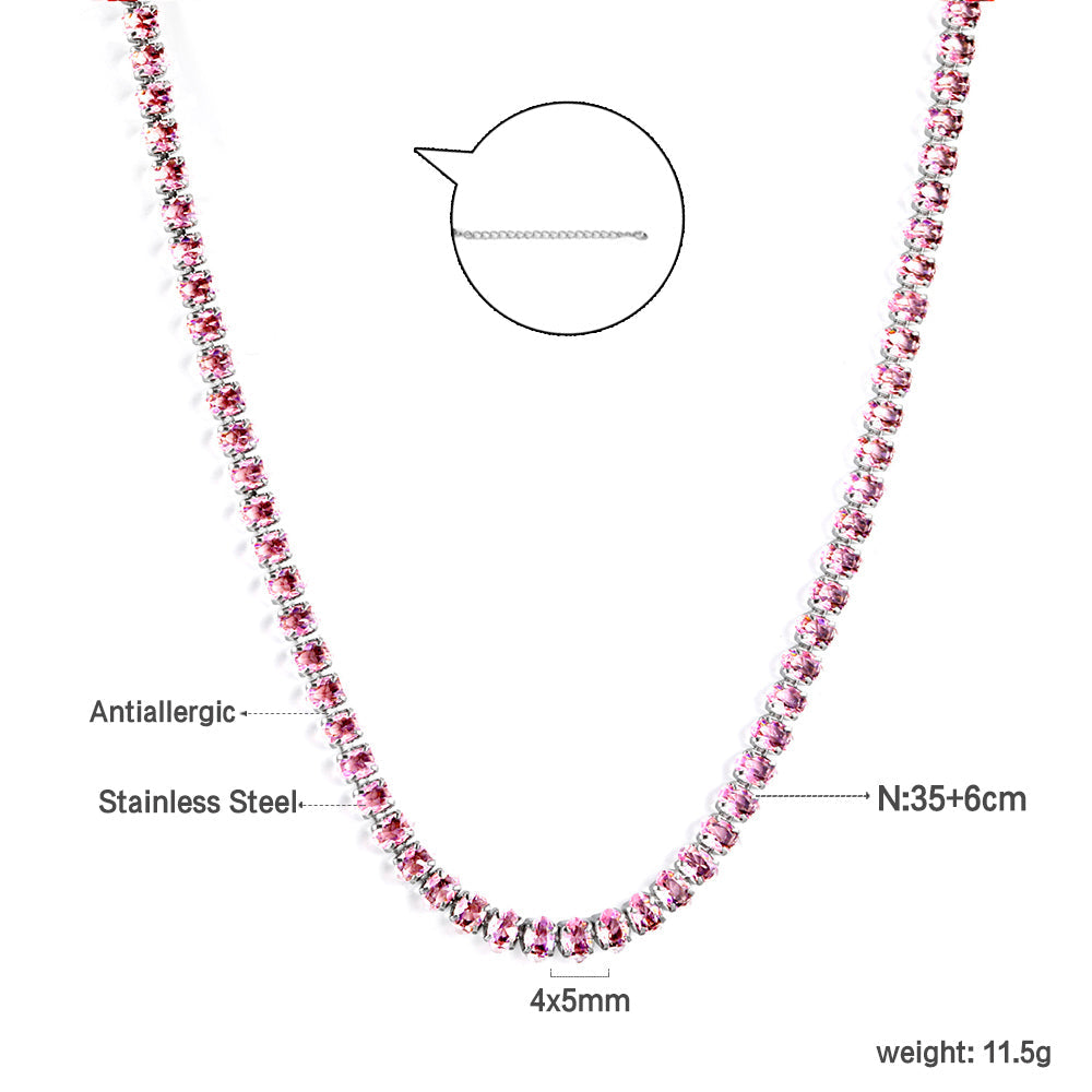 Oval White & Purple & Red & Pink & Aquamarine & Mixed Color Diamond Clasp Necklace 35+5cm Steel Color