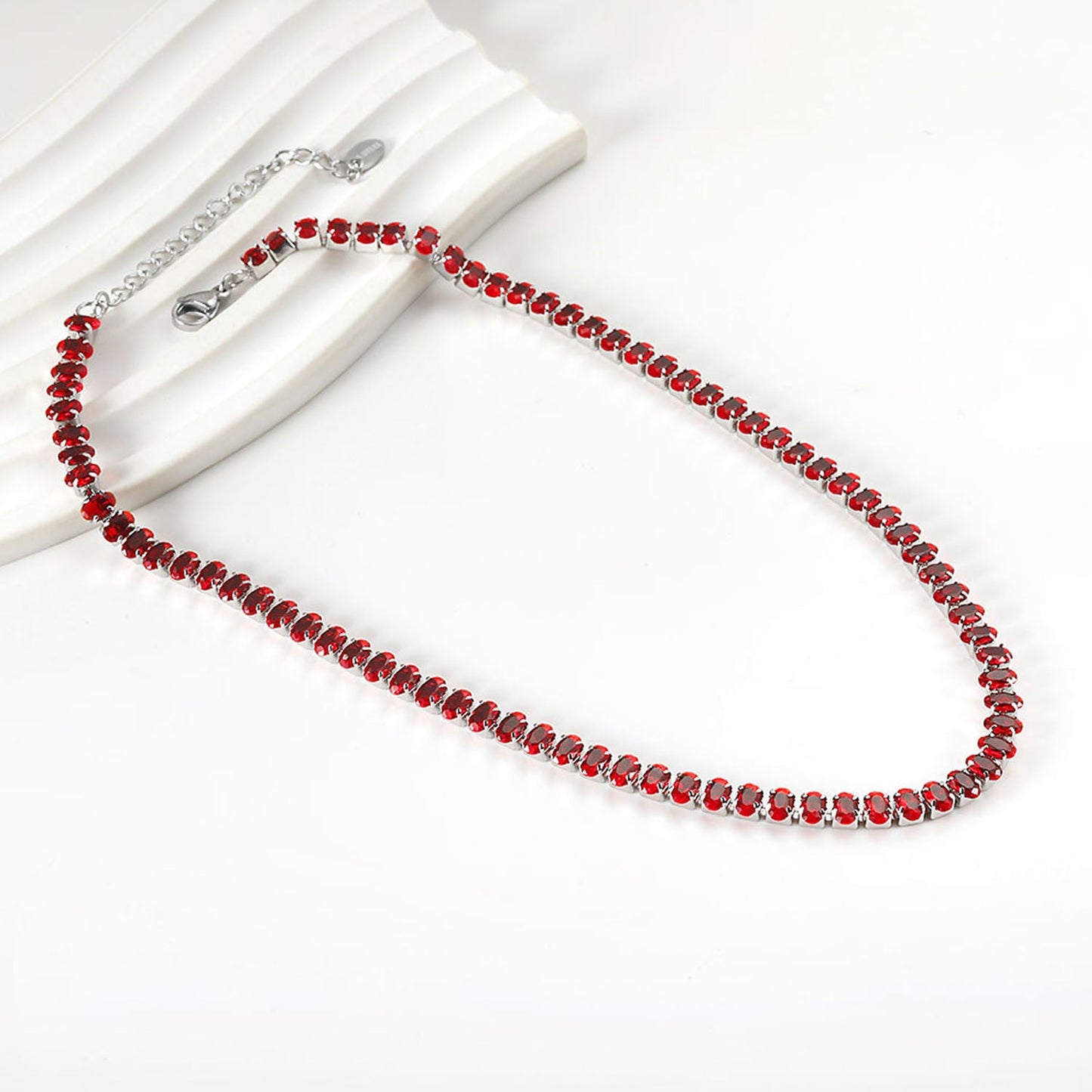 Oval White & Purple & Red & Pink & Aquamarine & Mixed Color Diamond Clasp Necklace 35+5cm Steel Color