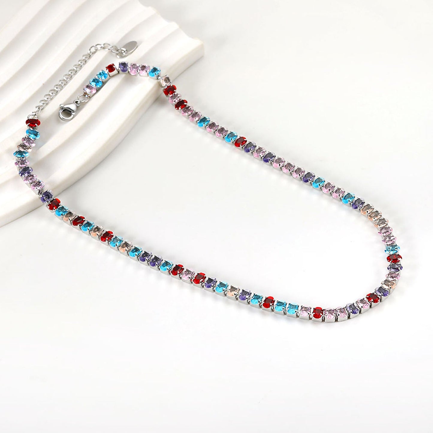 Oval White & Purple & Red & Pink & Aquamarine & Mixed Color Diamond Clasp Necklace 35+5cm Steel Color