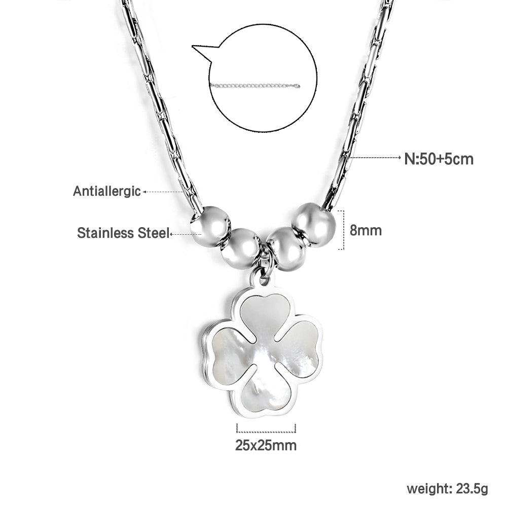 2024 New Year Clover with White Shell + 4 Steel Beads Pendant Necklace 50+5cm