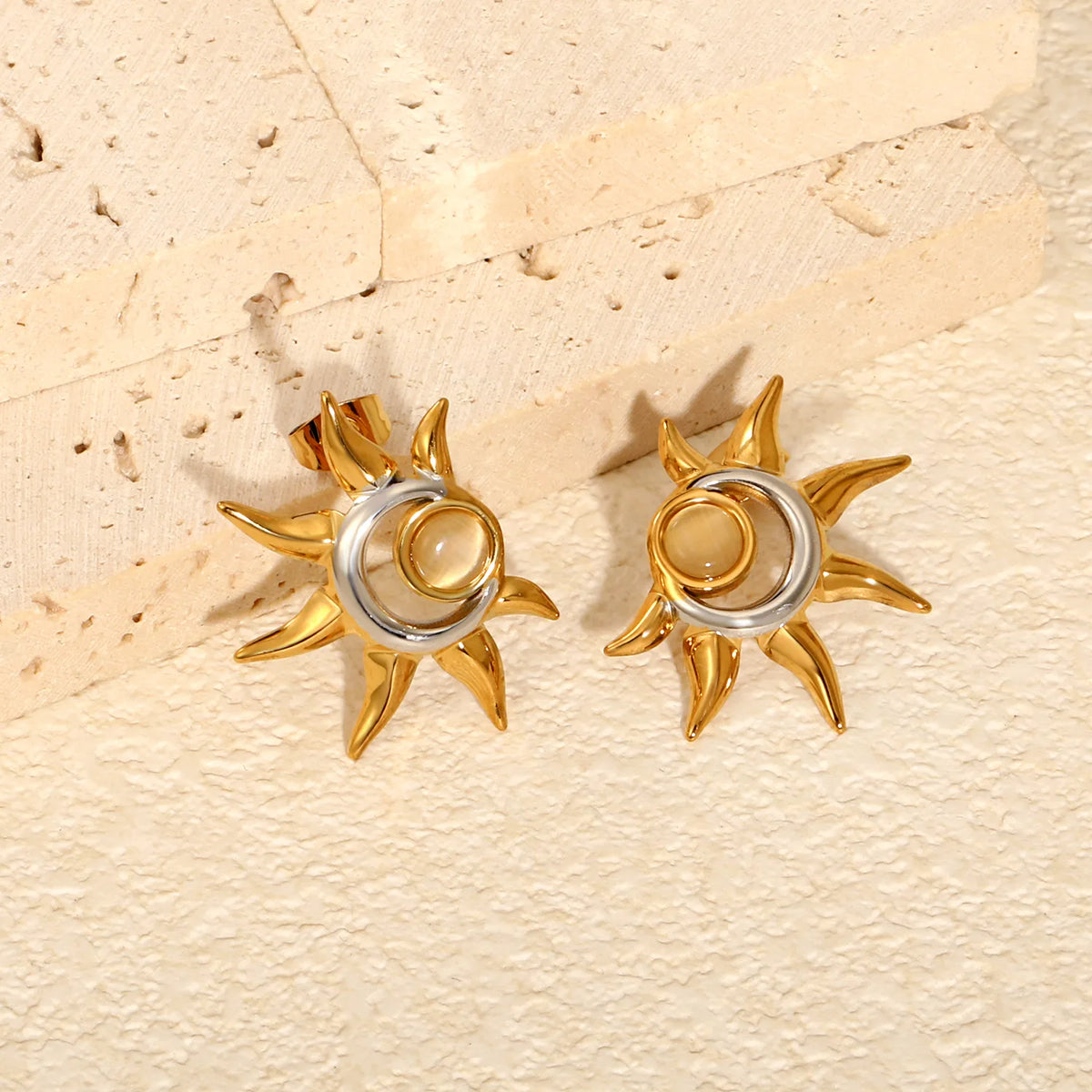 Boho Sun Moon Stud Earrings 22x27mm Two Tone Cat Eye Stone | 18K Gold Plated | Wholesale MOQ 12