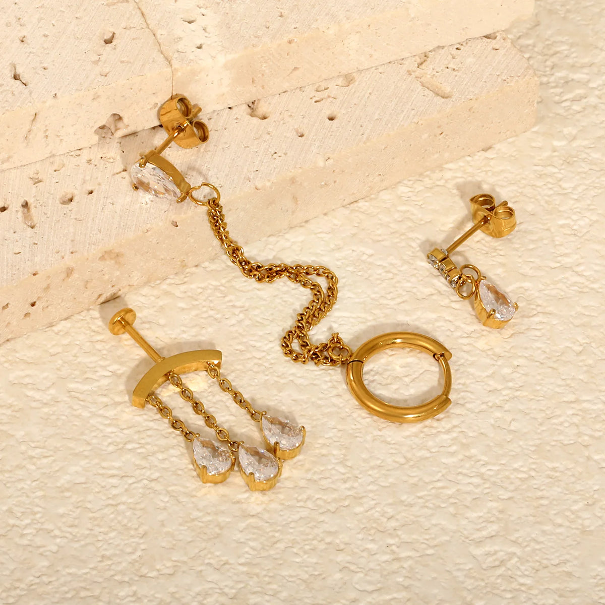 Statement Linked Huggie & Stud Earring Pack | Layered Water Drop CZ Dangle Chain Earrings For Ear Stack