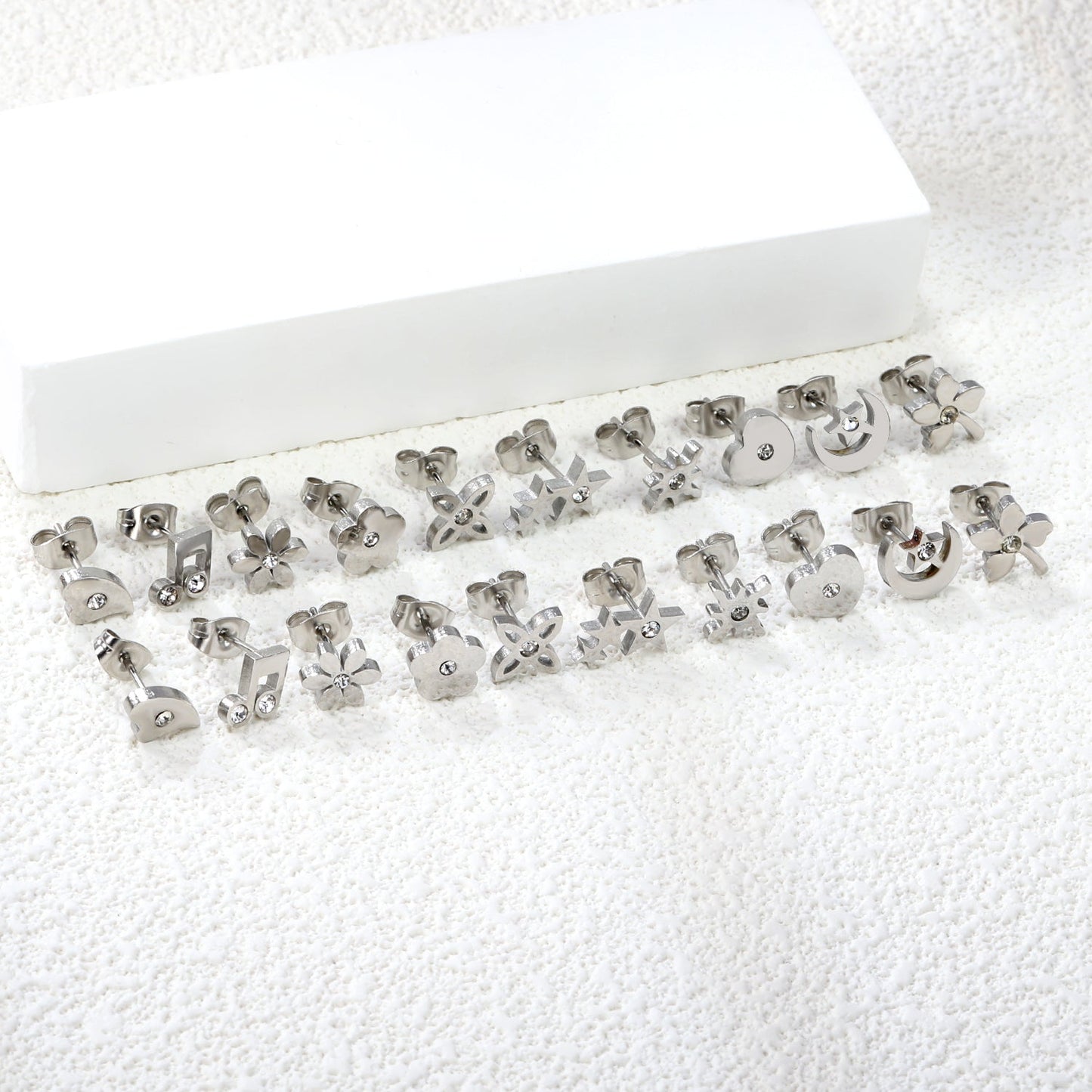 10 Pairs Mixed Cut Diamond Stud Earrings Steel Color