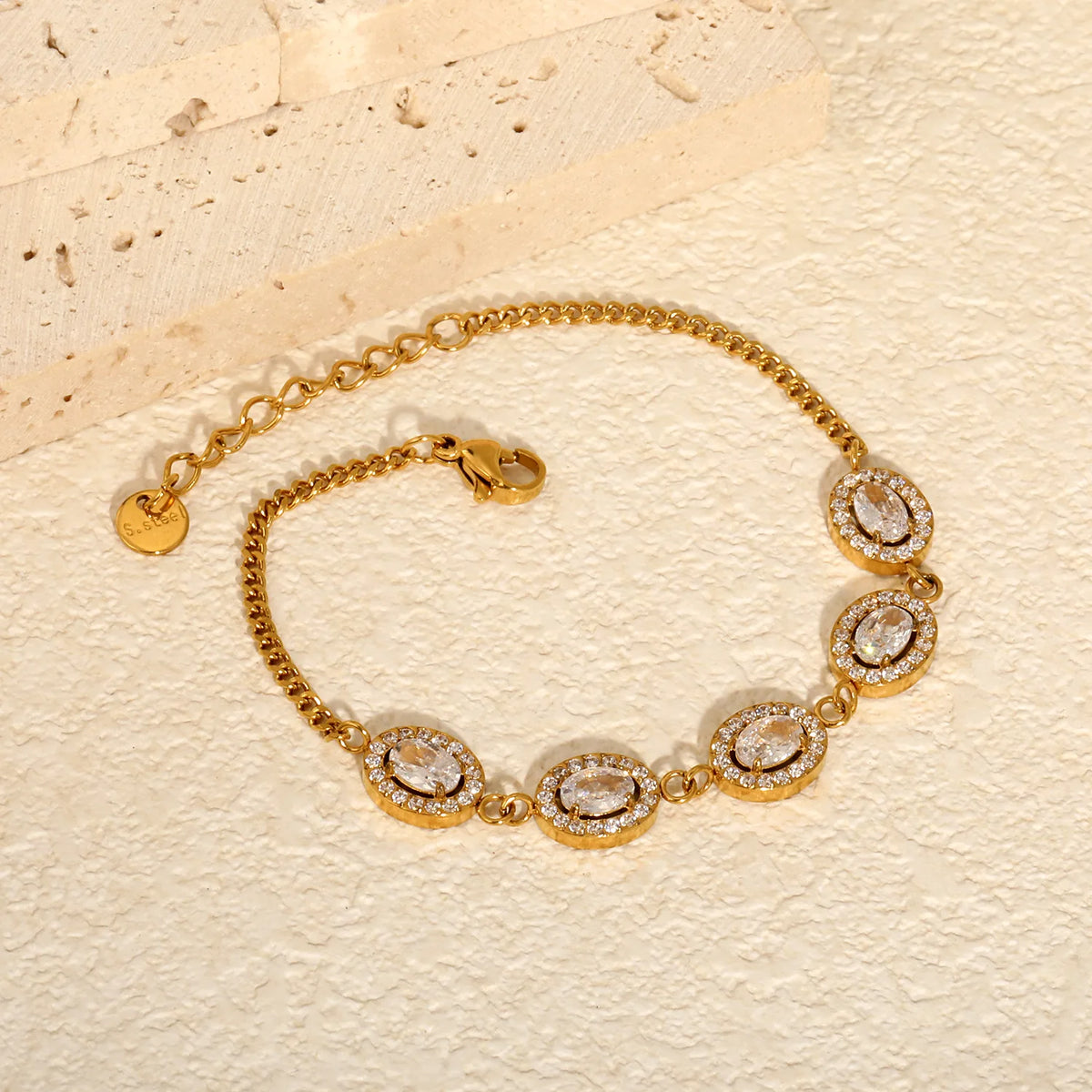 Halo Oval Clear Zircon Station Bracelet | 10x8.5mm Oval CZ | 17+3cm Curb Chain