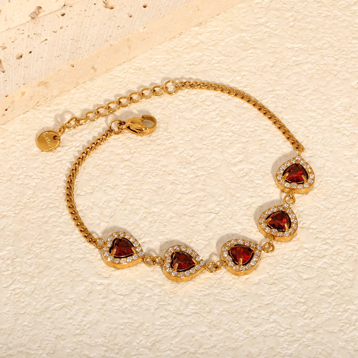 Romantic Halo Heart Red Zircon Station Bracelet | 10mm Heart CZ | 17+3cm Curb Chain