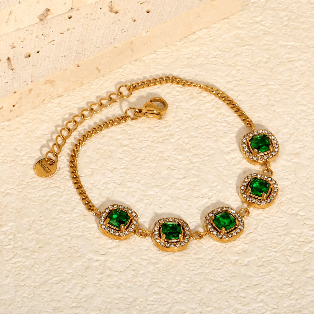 Halo Cushion Green Zircon Station Bracelet | 10mm Square Cushion CZ | 17+3cm Curb Chain