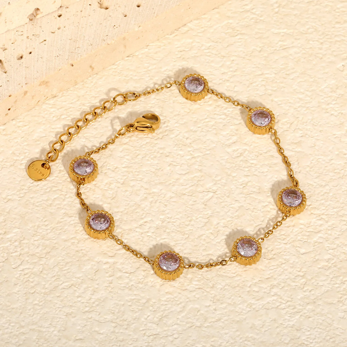 Vintage Milgrain Round Lavender Zircon Station Bracelet | 7.5mm Round CZ | 17+3cm Adjustable Chain