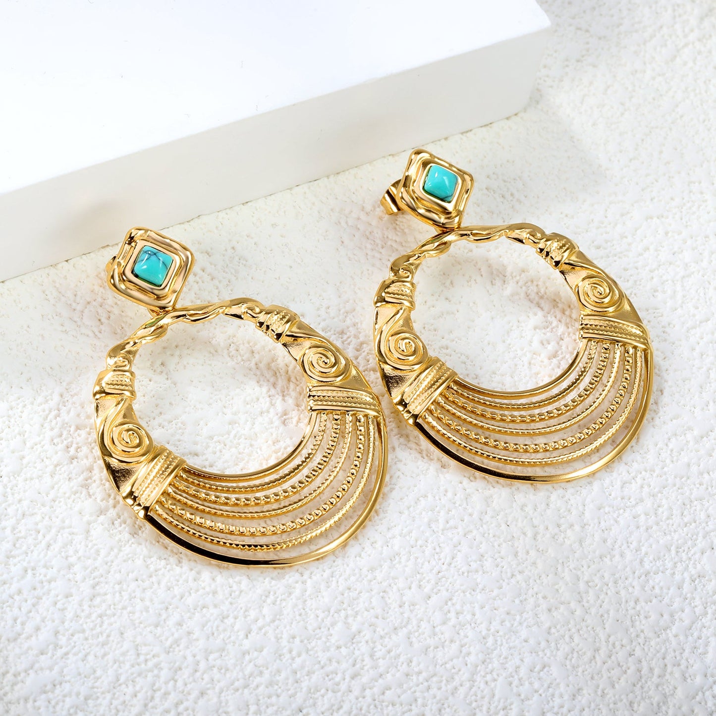 12.2mm Rhombus with Turquoise + 38.5mm Textured Circle Earrings Gold Color