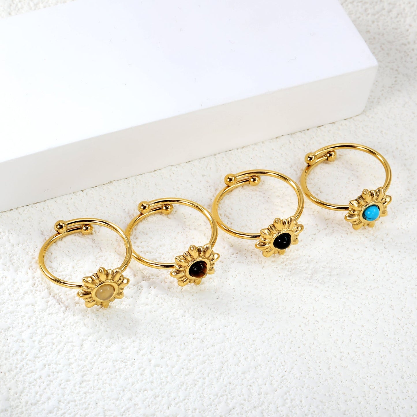 12.3mm Sun Belt White Cat's Eye/Black Cat's Eye/Turquoise/Tiger's Eye Ring Golden 8