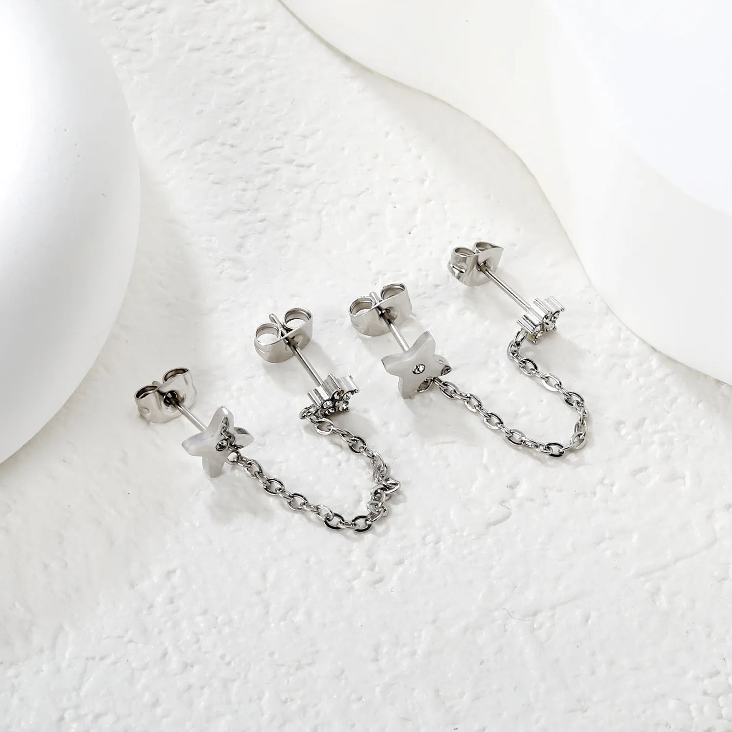 Star & Clover Chain-Linked Gold-Plated Stainless Steel Stud Earrings | Minimalist Asymmetrical Design | Tarnish-Resistant | Wholesale Jewelry | MOQ 12