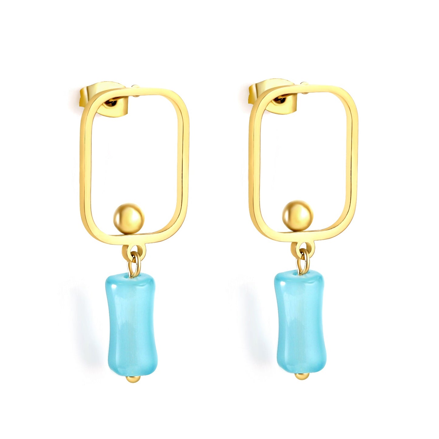 Square Hoops with Steel Beads & Pink & Blue & Green Column Stud Earrings