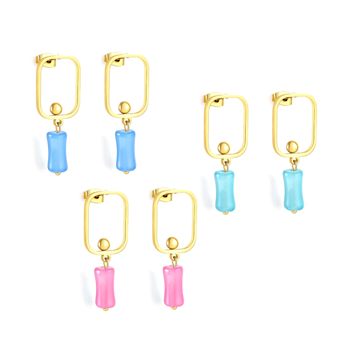 Square Hoops with Steel Beads & Pink & Blue & Green Column Stud Earrings
