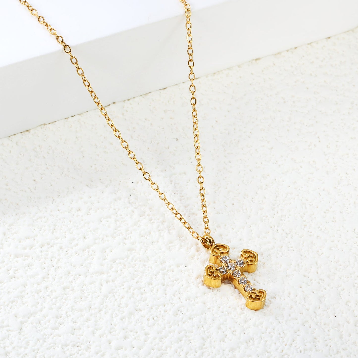 11*15mm cross with white zirconium pendant necklace 0.3 cross chain 40+5cm+6mm round tag Gold color