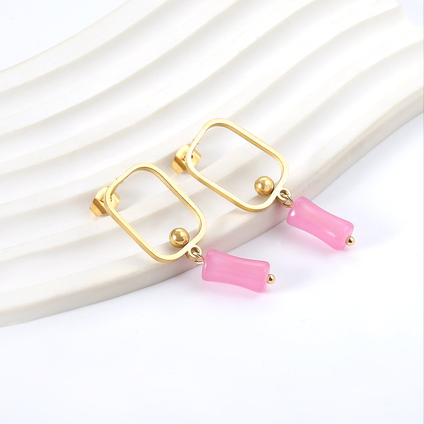 Square Hoops with Steel Beads & Pink & Blue & Green Column Stud Earrings