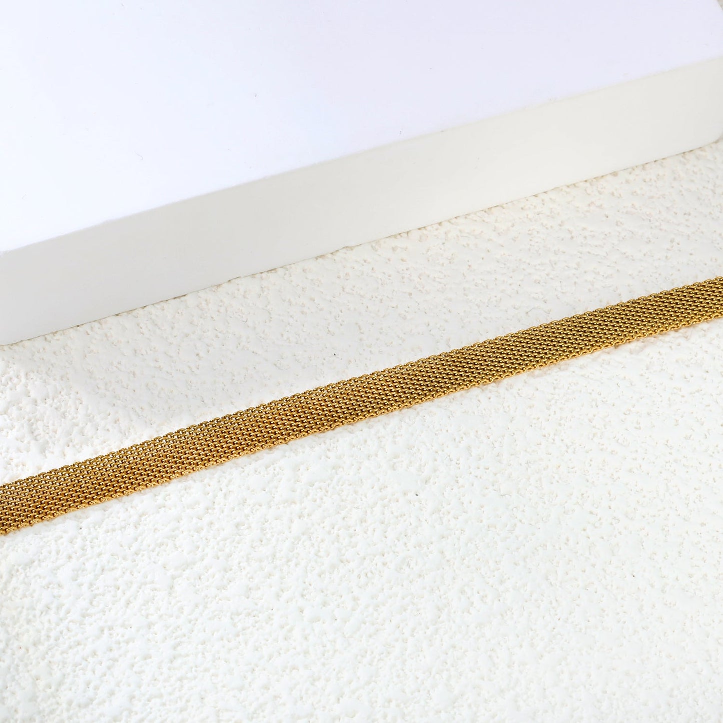 W6mm*Thick1mm Flat Mesh Bracelet18+3cm+6mm Round Tail Plaque Steel/Golden