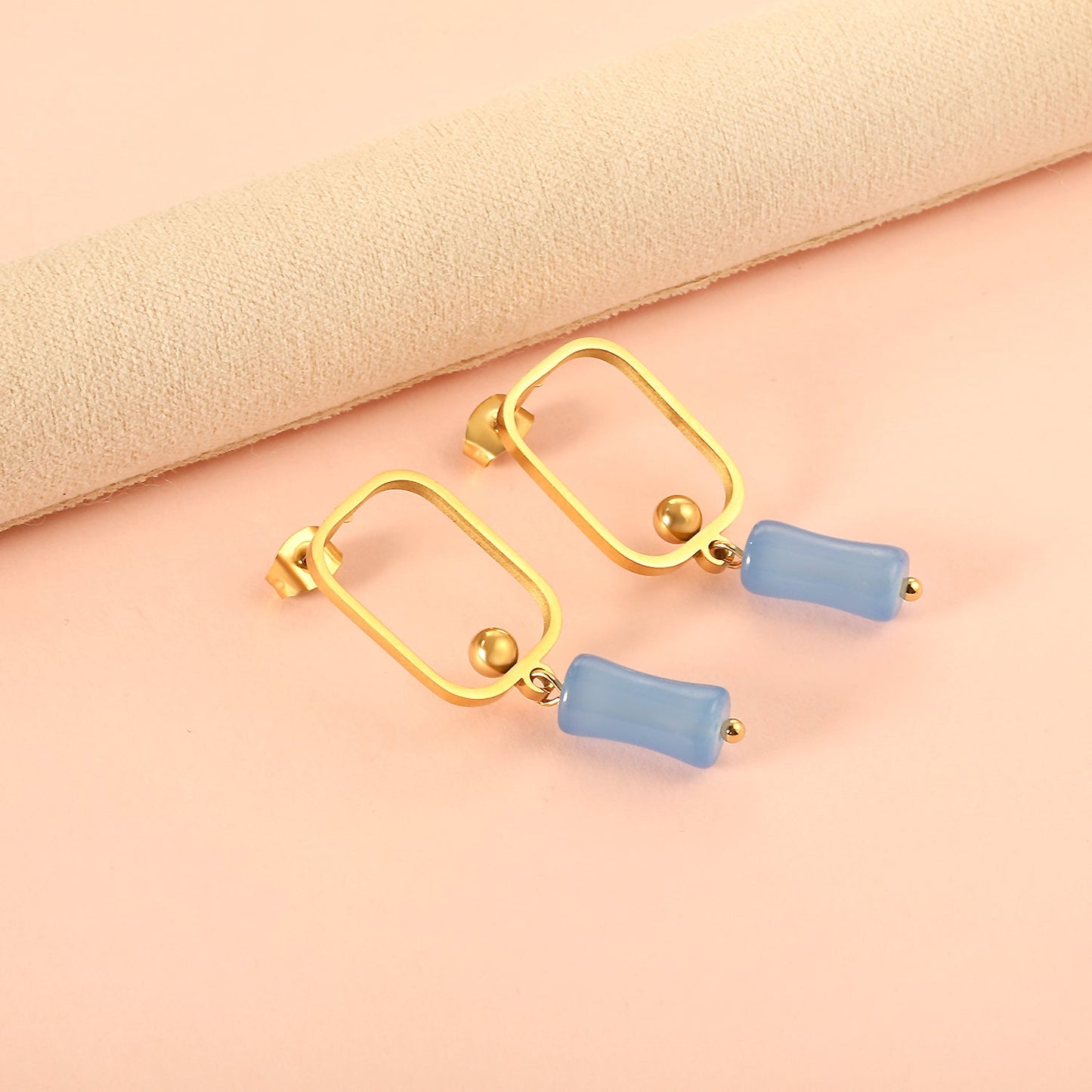 Square Hoops with Steel Beads & Pink & Blue & Green Column Stud Earrings
