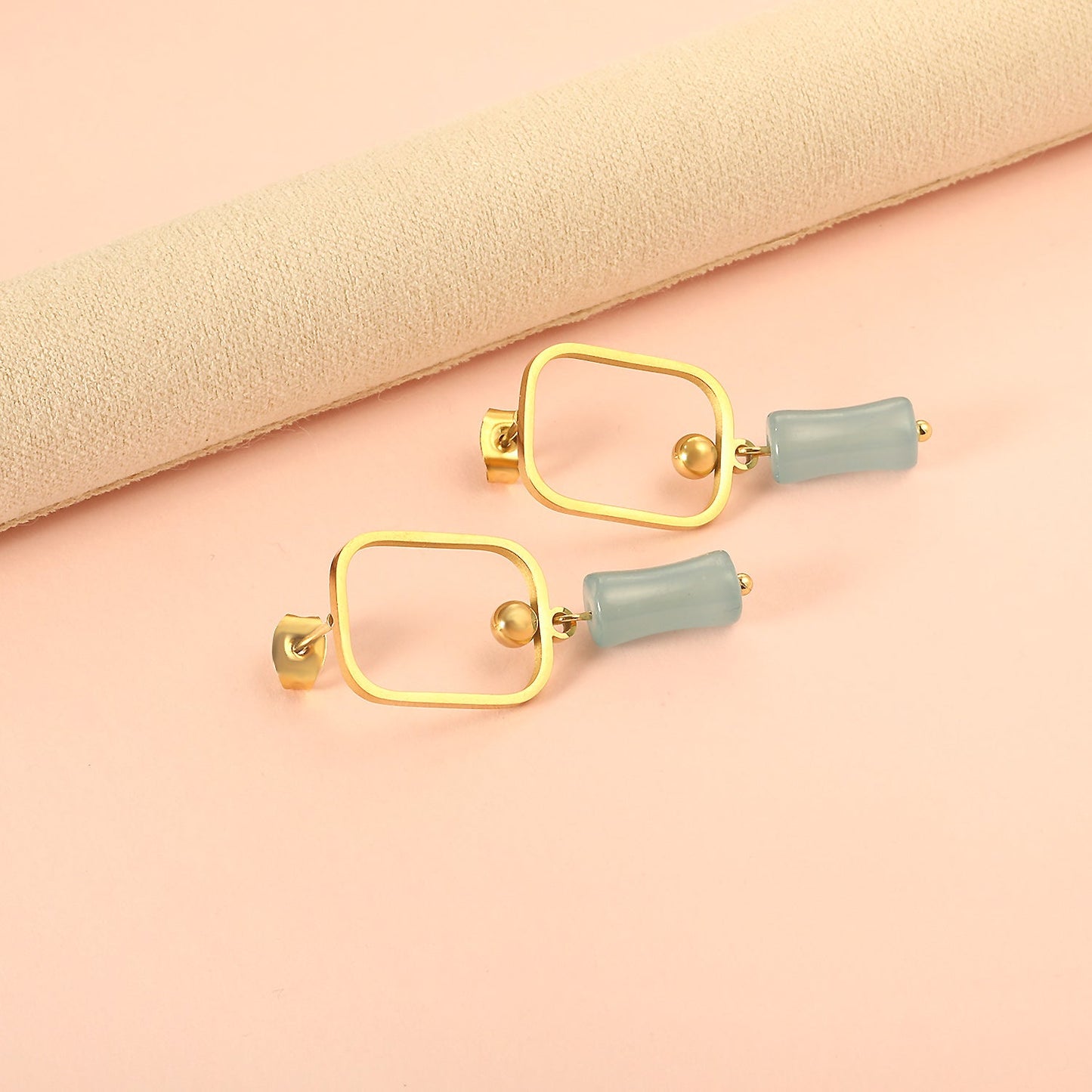 Square Hoops with Steel Beads & Pink & Blue & Green Column Stud Earrings