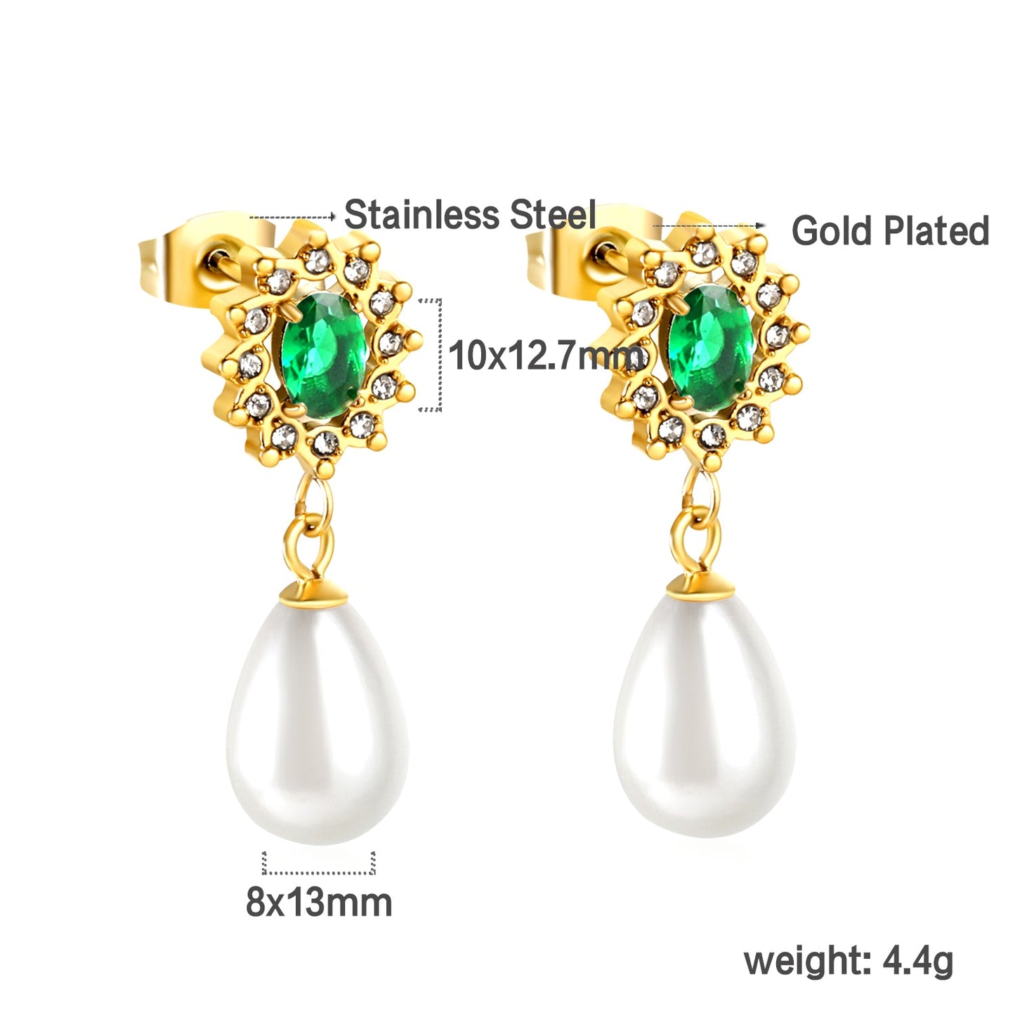 Heart Green Diamonds + White Diamond Hoops with Teardrop White Pearls Stud Earrings