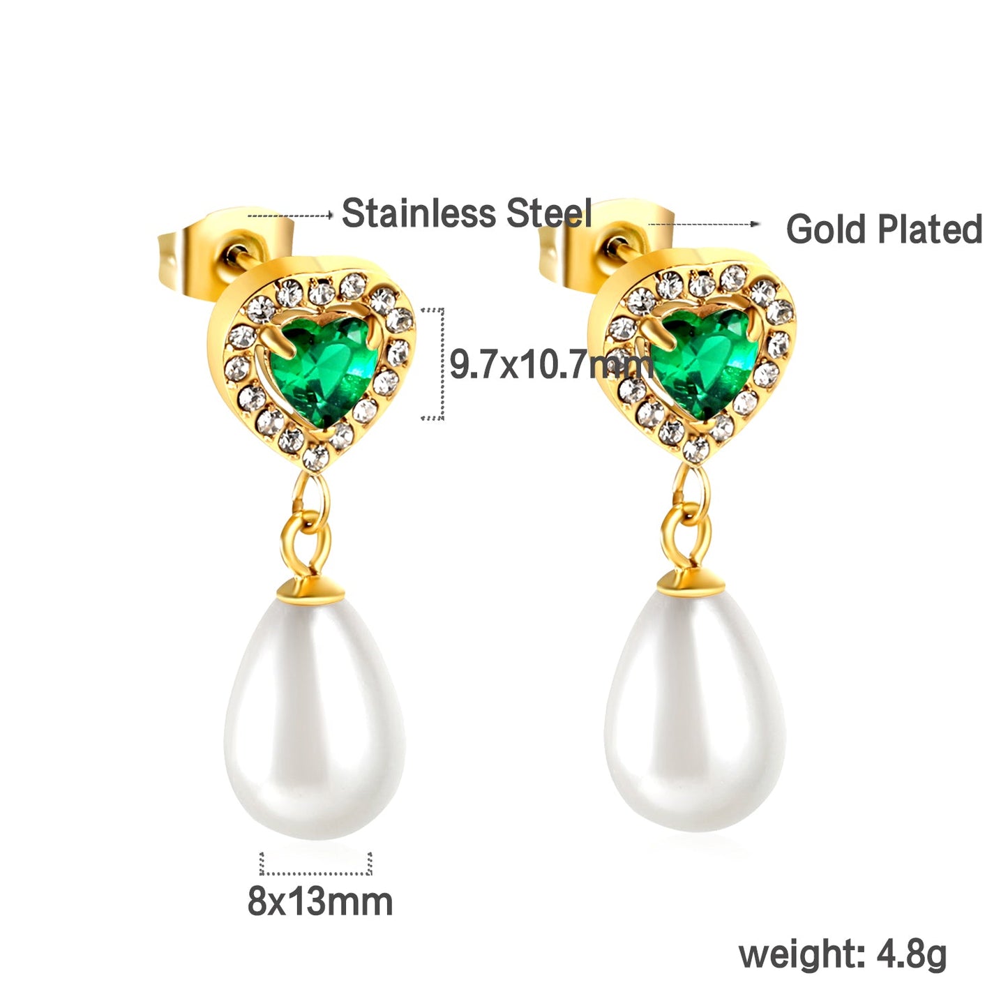 Heart Green Diamonds + White Diamond Hoops with Teardrop White Pearls Stud Earrings