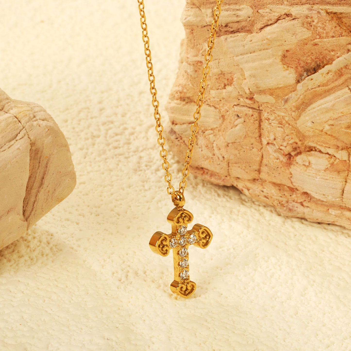 11*15mm cross with white zirconium pendant necklace 0.3 cross chain 40+5cm+6mm round tag Gold color