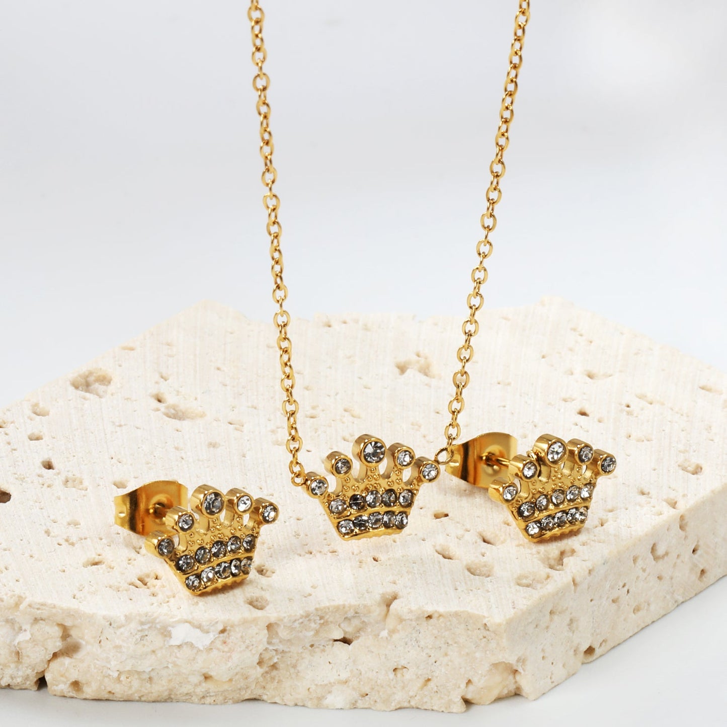 11.4*8.4mm Crown with White Zirconium Stud Earrings + Necklace Cross Chain 0.3*44+5cm+6mm Round End Plate Set Steel/Golden color
