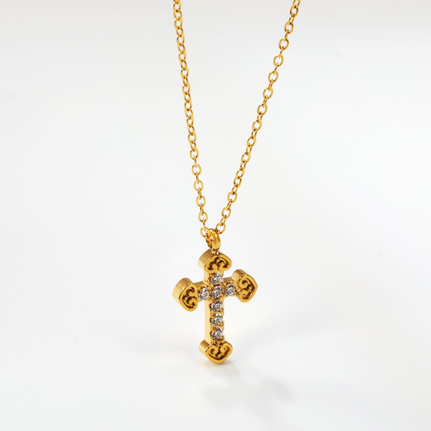 11*15mm cross with white zirconium pendant necklace 0.3 cross chain 40+5cm+6mm round tag Gold color