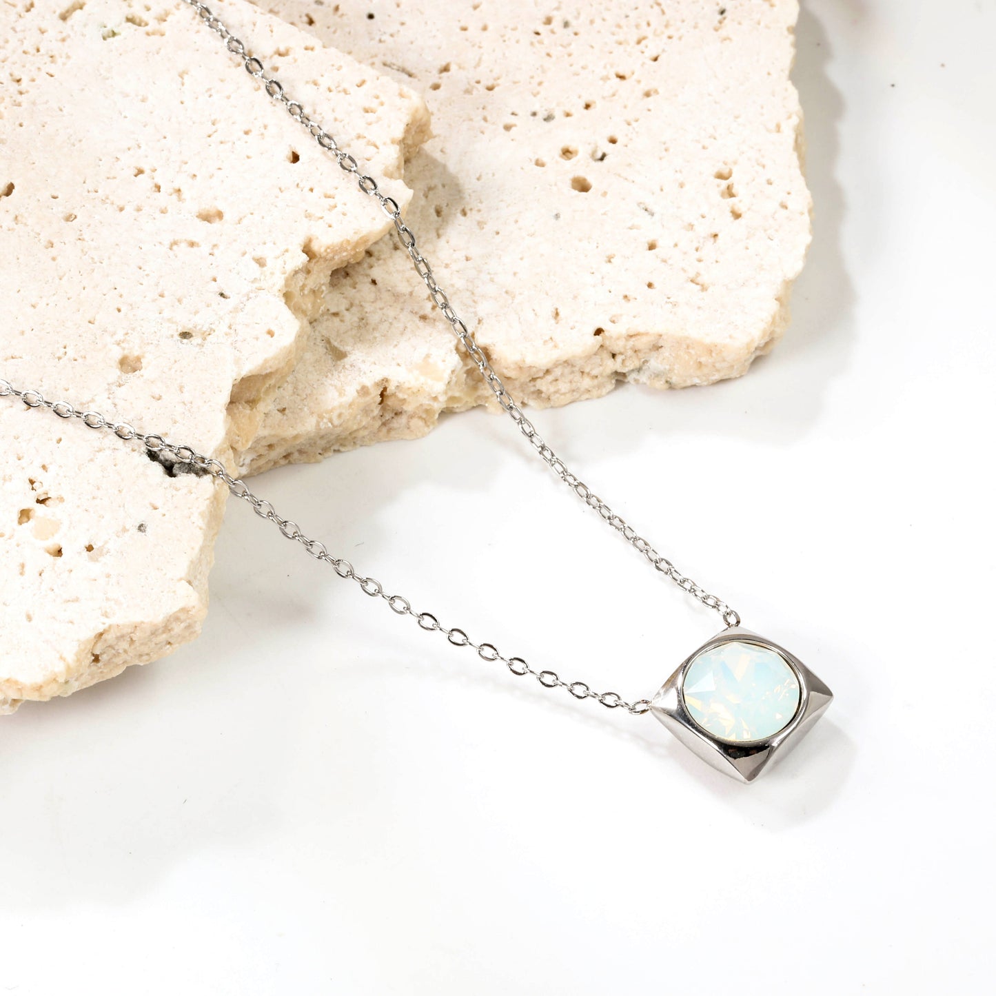 Square Pendant with white & mineral black & deep purple & light purple & red & pink & deep blue & light blue & deep green & light green & white opal & pink opal pendant 10mm necklace 43+5cm