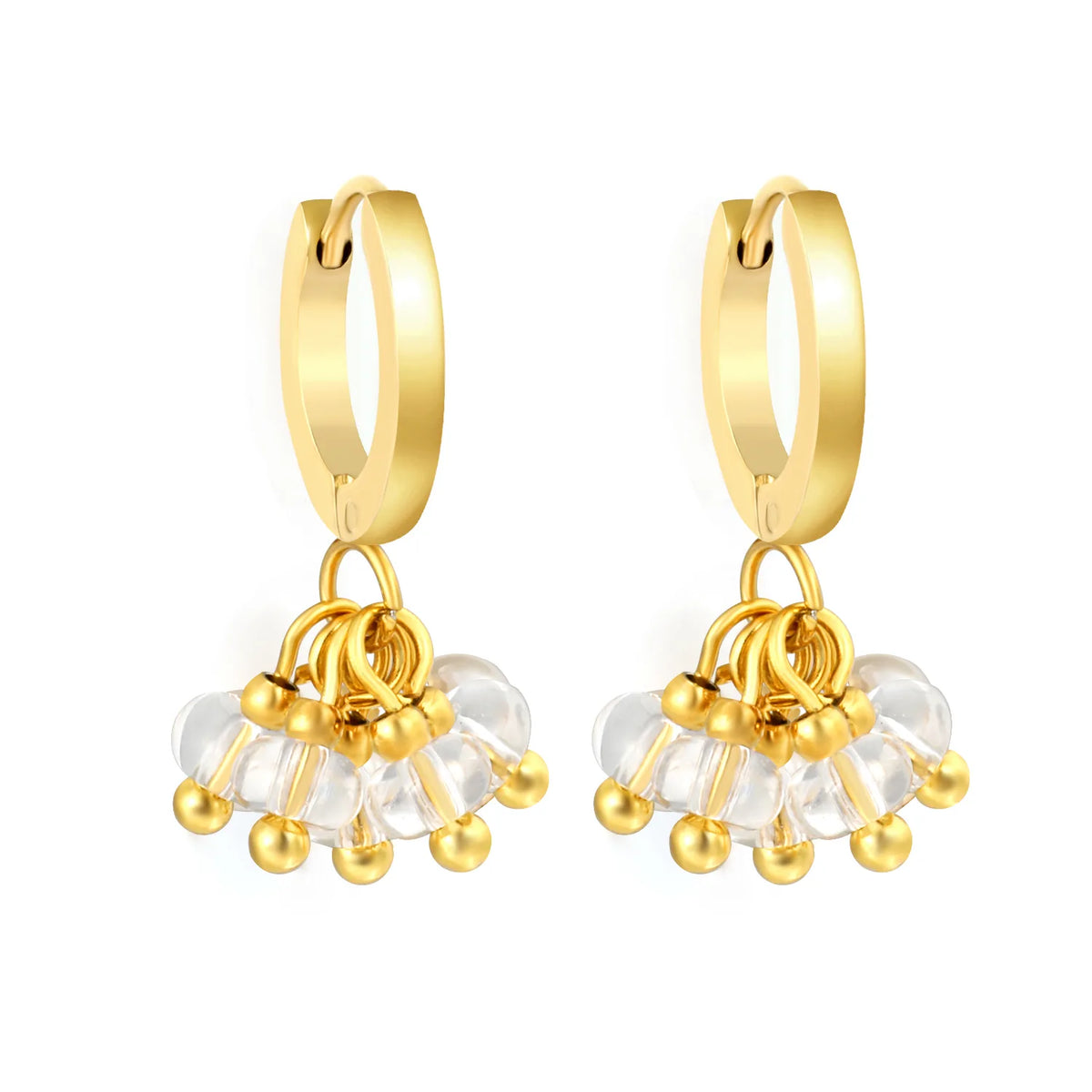Cluster Bead Huggie Drop Earrings | 2x9mm Hoop 4mm Beads | 18K Gold Plated | Multi-Color Options | Wholesale MOQ 12