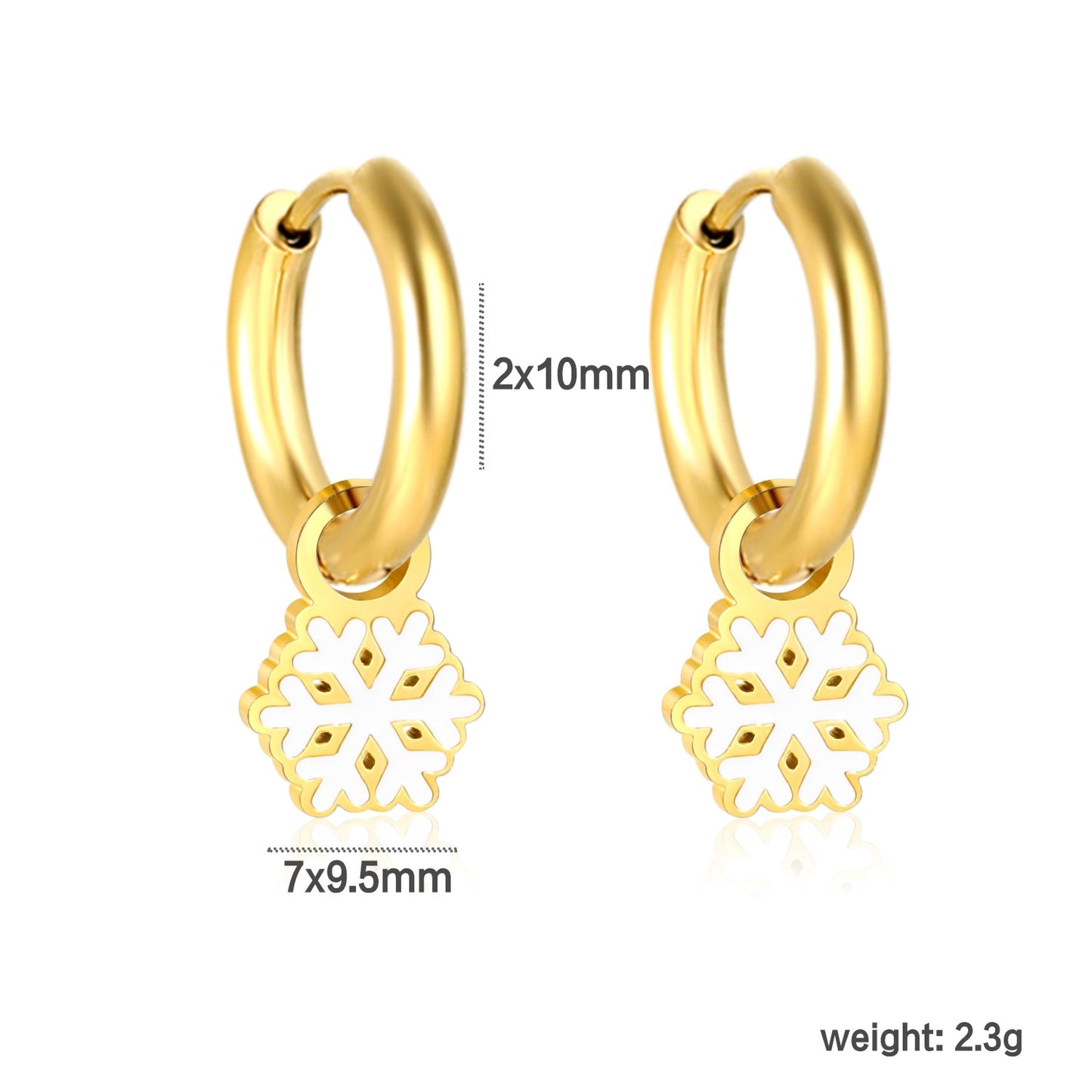 2*10mm circle + 7*9.5mm snowflake earrings with white oil drops steel color/golden color