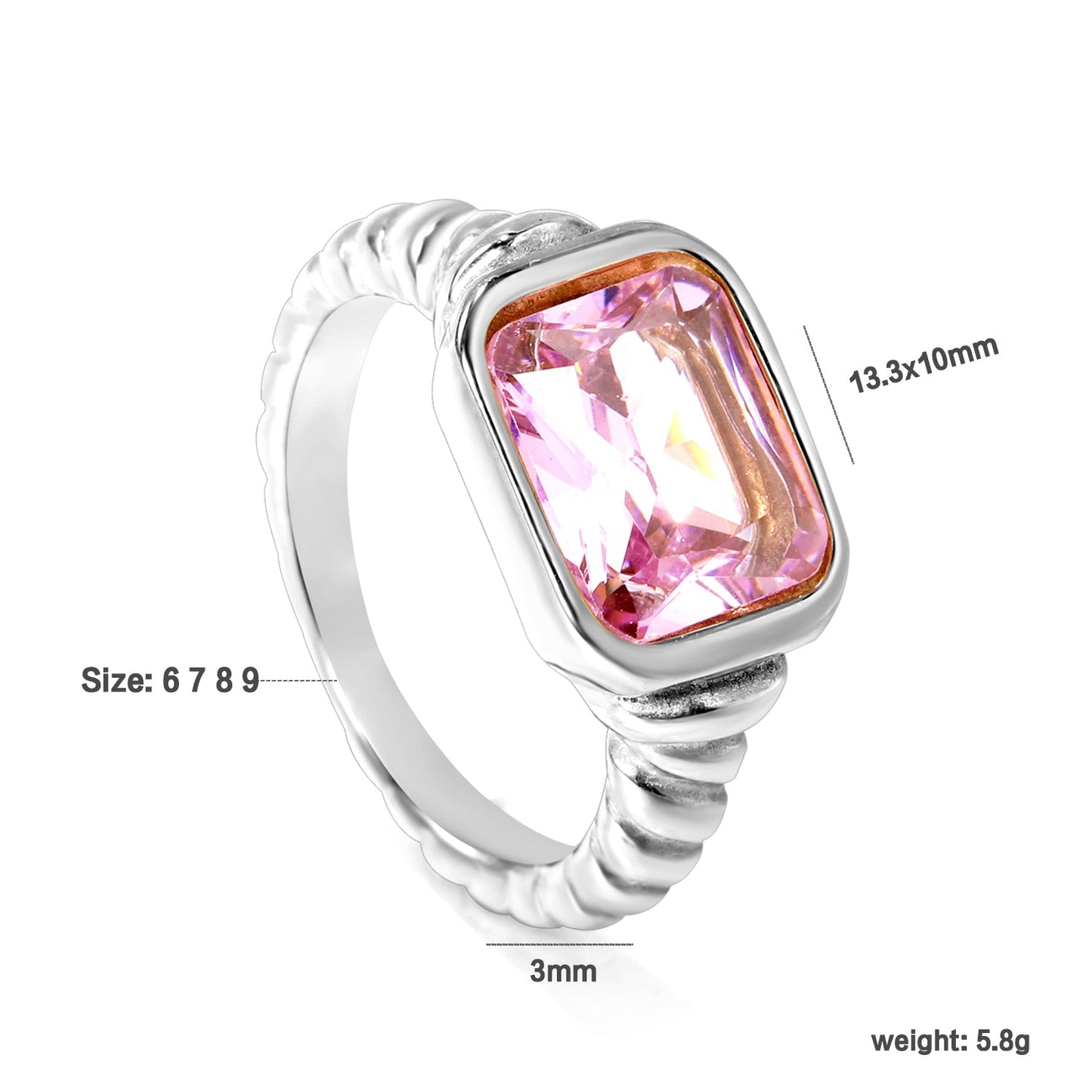Oversized pink diamonds on a threaded band ring.