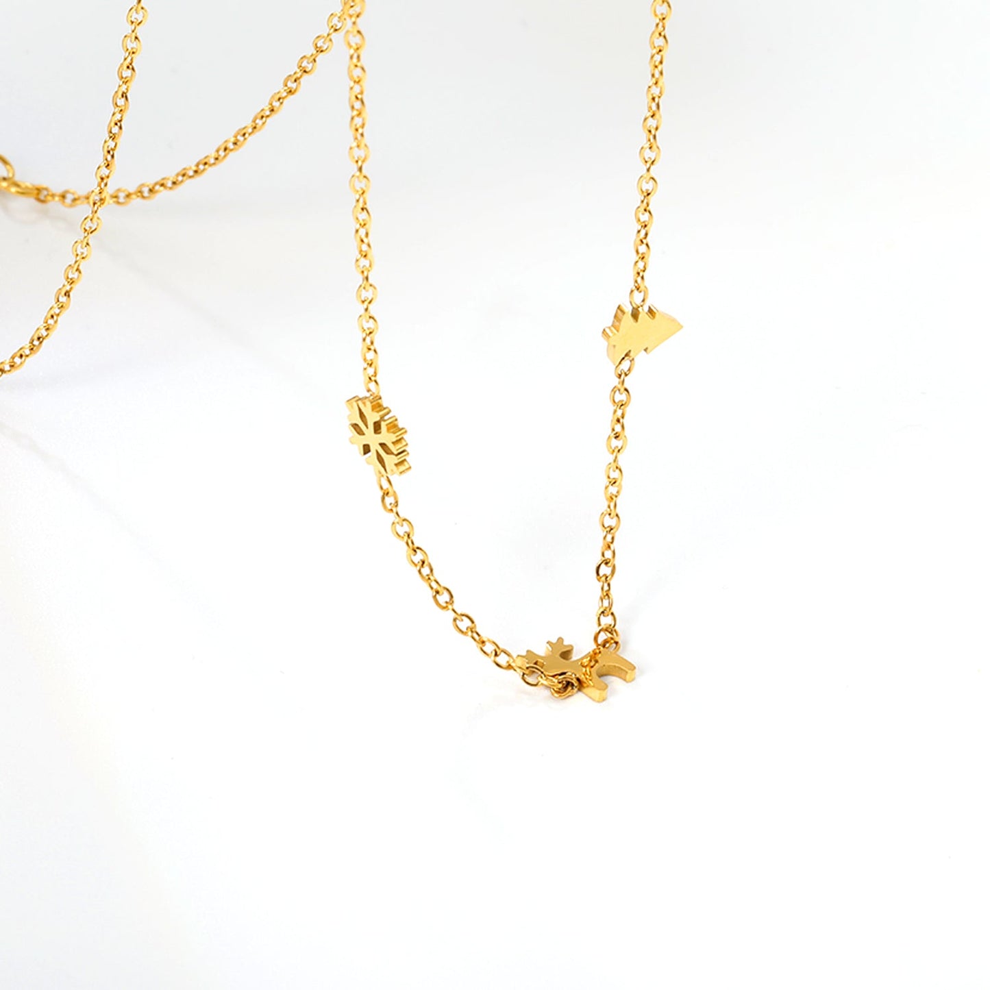 Children's Christmas Moose + Christmas Tree + Snowflake Necklace Gold