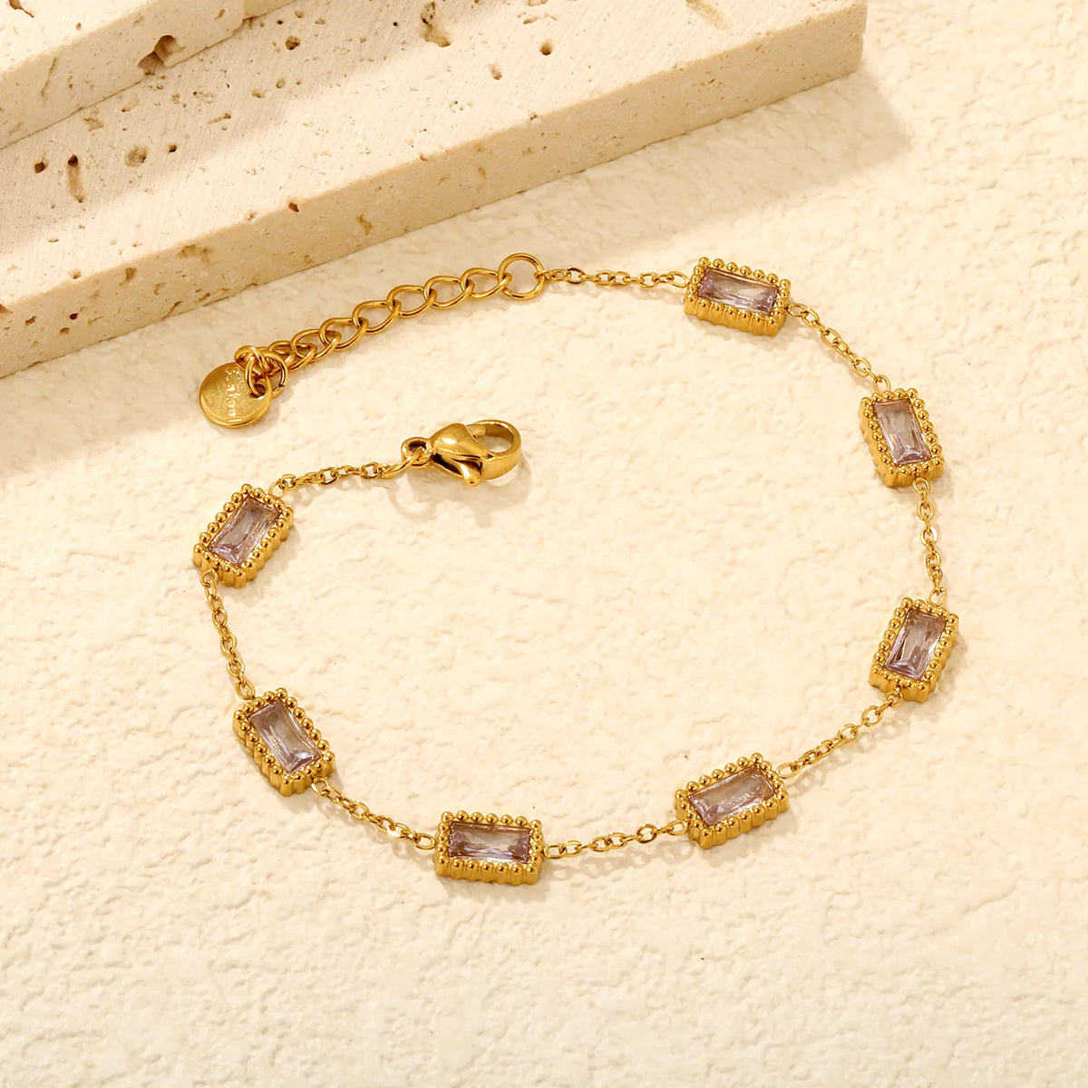 Milgrain Baguette Pink Zircon Station Bracelet | 8.3x5.5mm Rectangle CZ | 17+3cm Adjustable Chain