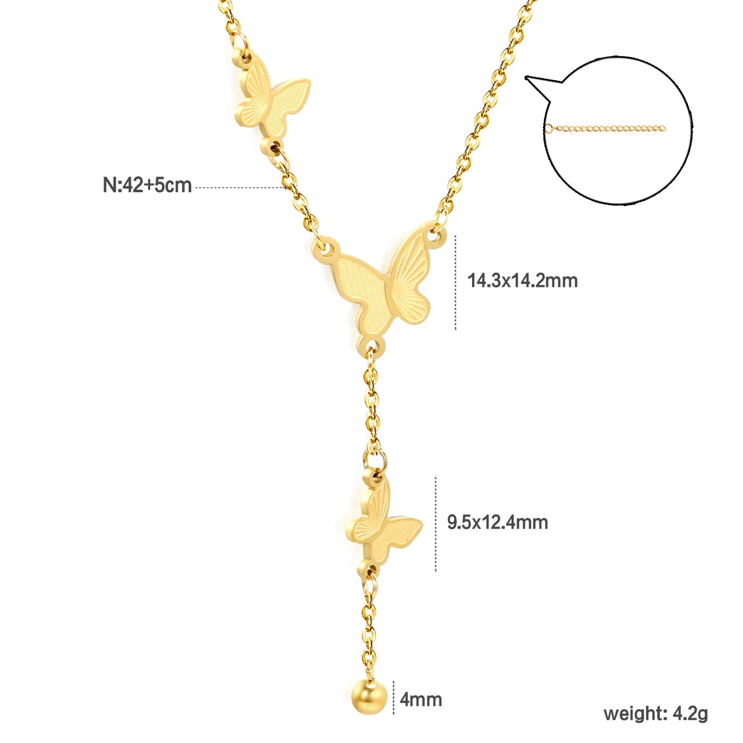 3 size textured butterflies + 2 size steel beads accessories necklace 42+5cm