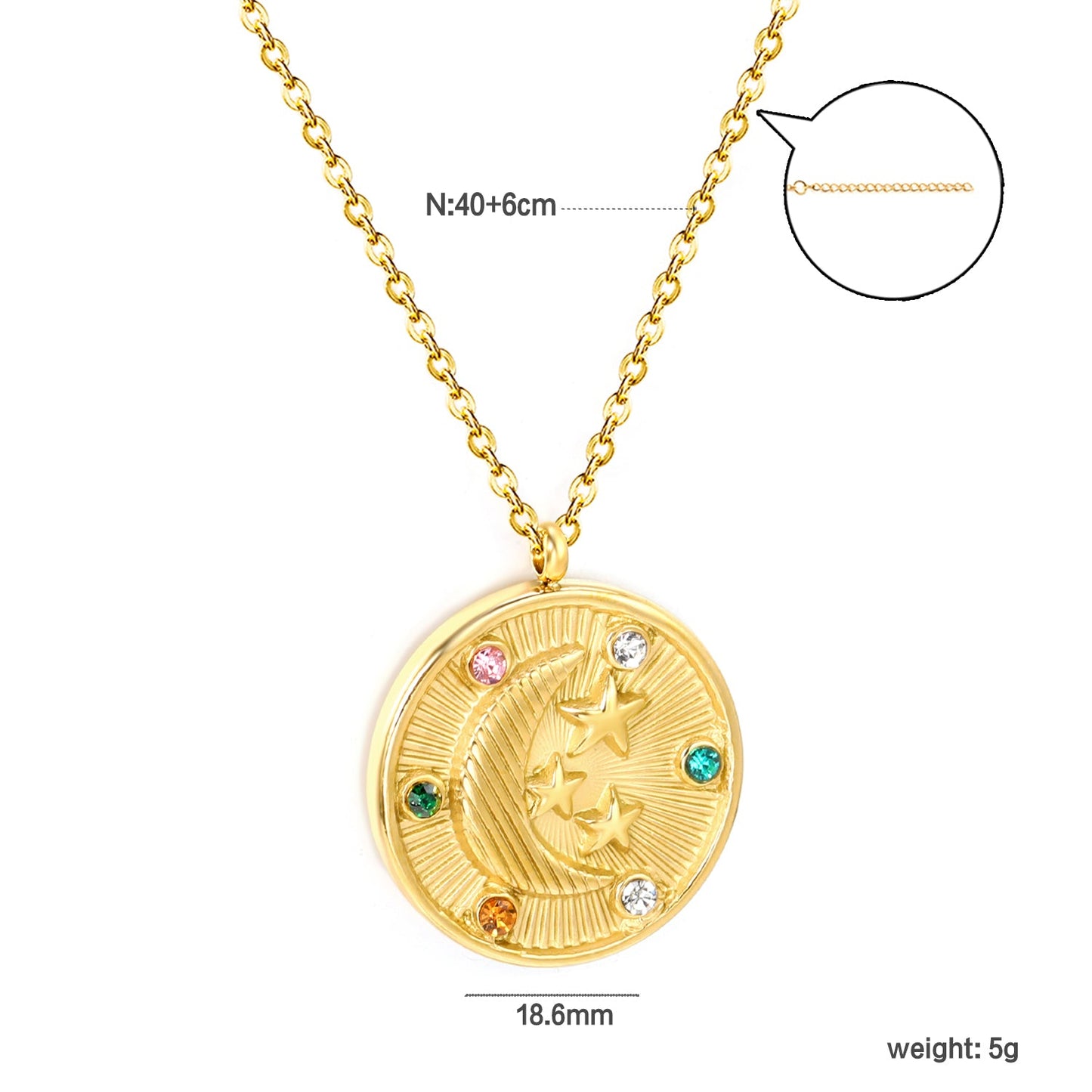 Round Mixed Color Diamonds + Moon Star Pendant Necklace 40+6cm