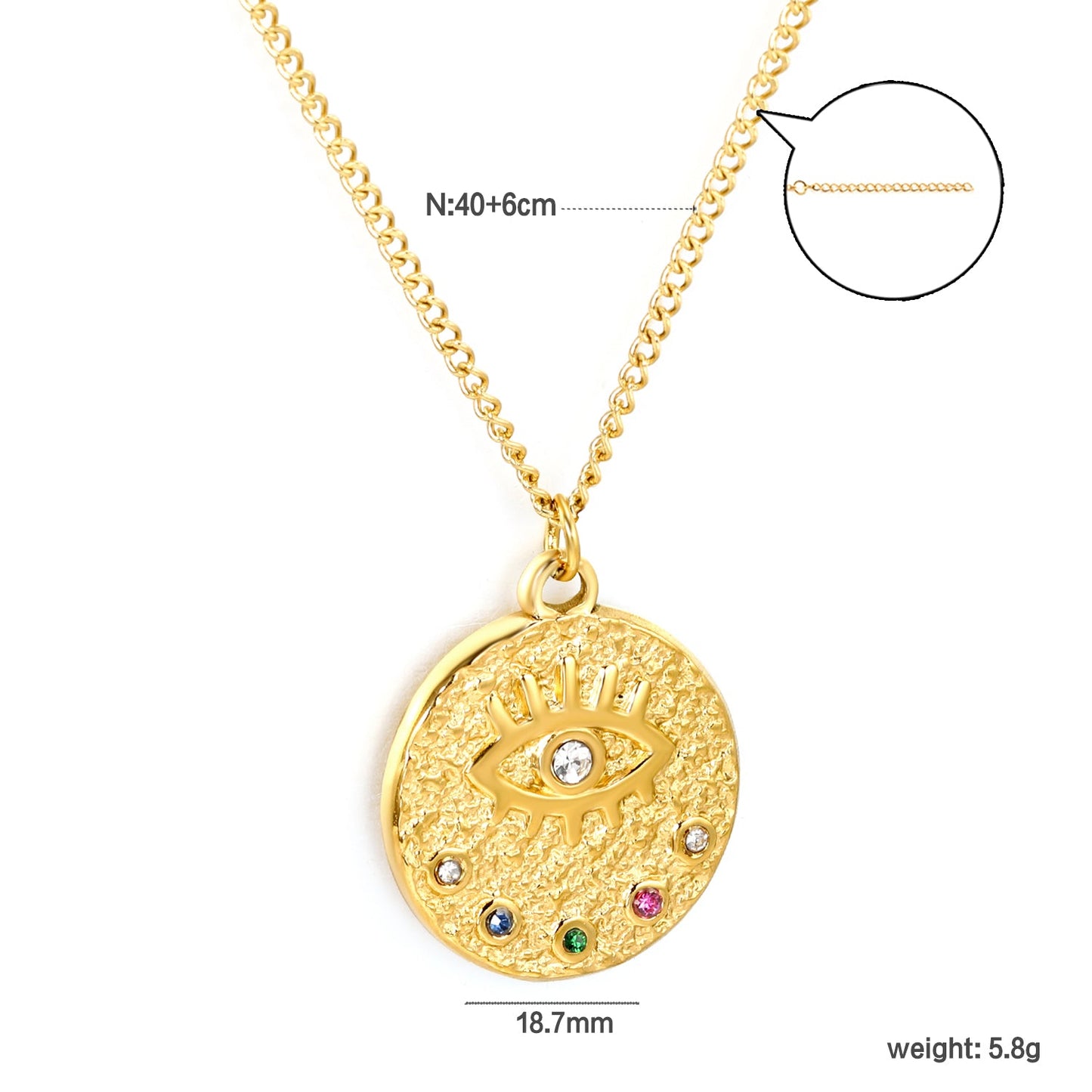 Round Mixed Color Diamonds + Eye Pendant Necklace 40+6cm